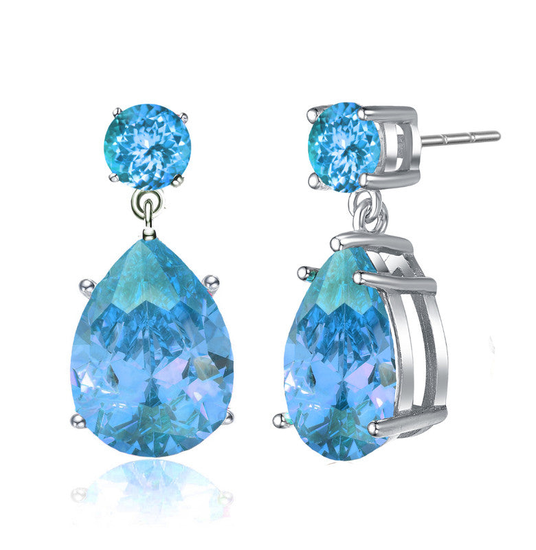 Sterling Silver Teardrop Shaped Blue Cubic Zirconia Accent Drop Earrings