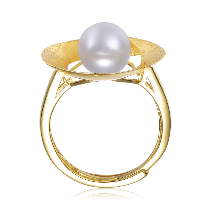 Sterling Silver 14k Gold Plated with Genuine Freshwater Pearl Geometric Ring