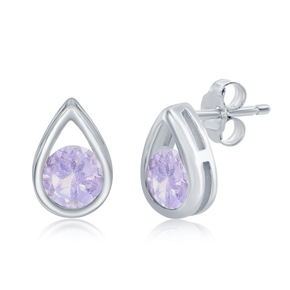 Sterling Silver Pearshaped Earrings W/Round 'October Birthstone' Gemstone Studs - Pink Amethyst