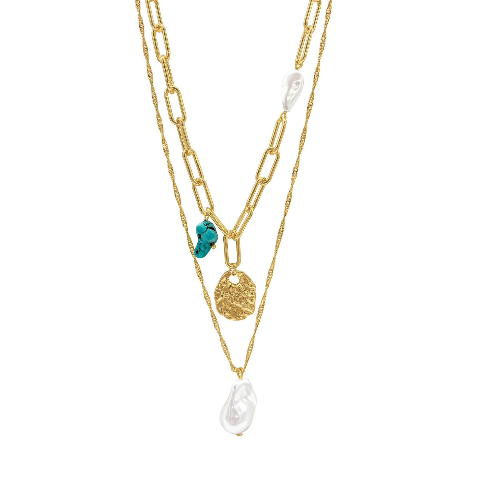 14k Gold Plated Pearl And Turquoise Stone Pendants Layered Necklace