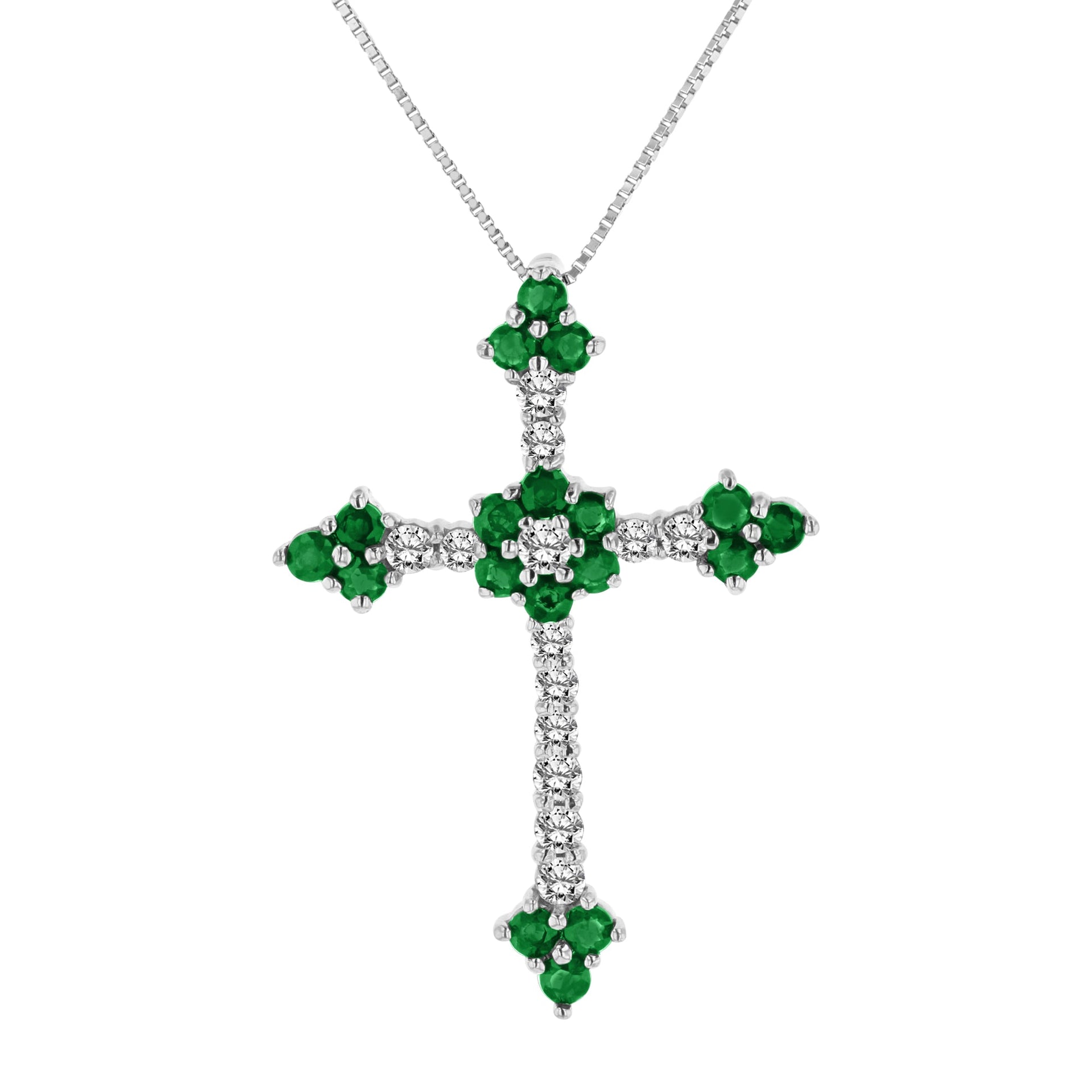 1.10ctw Diamond and Emerald Cross Pendant in 14k White gold