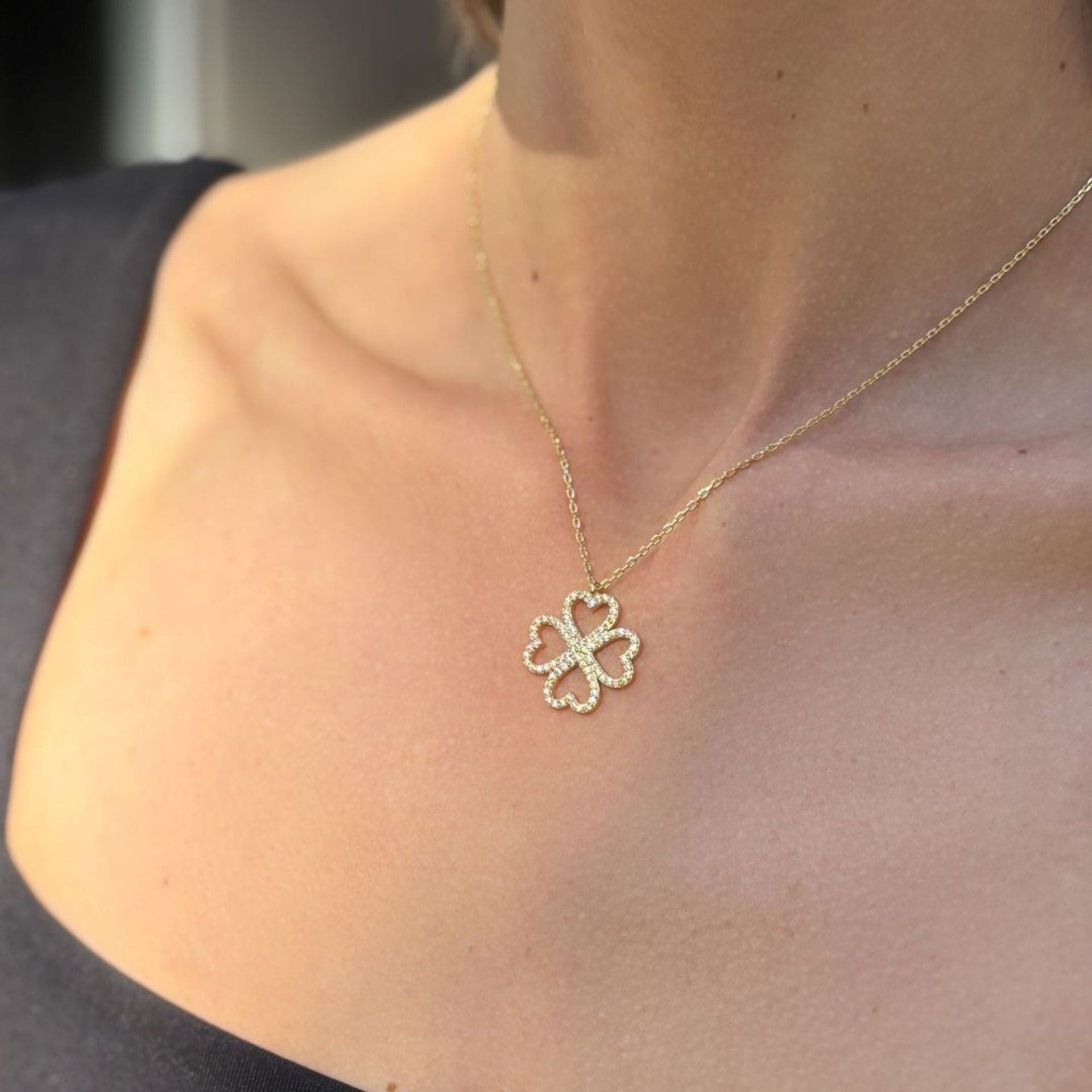 14k Gold Plated Heart-shaped Pave Clover Necklace