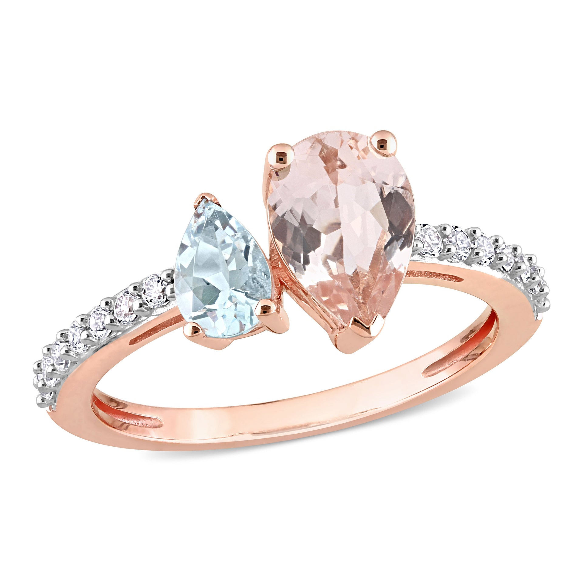 2 CT TGW Pear Shape Morganite, Aquamarine and White Topaz Ring in 10K Rose Gold