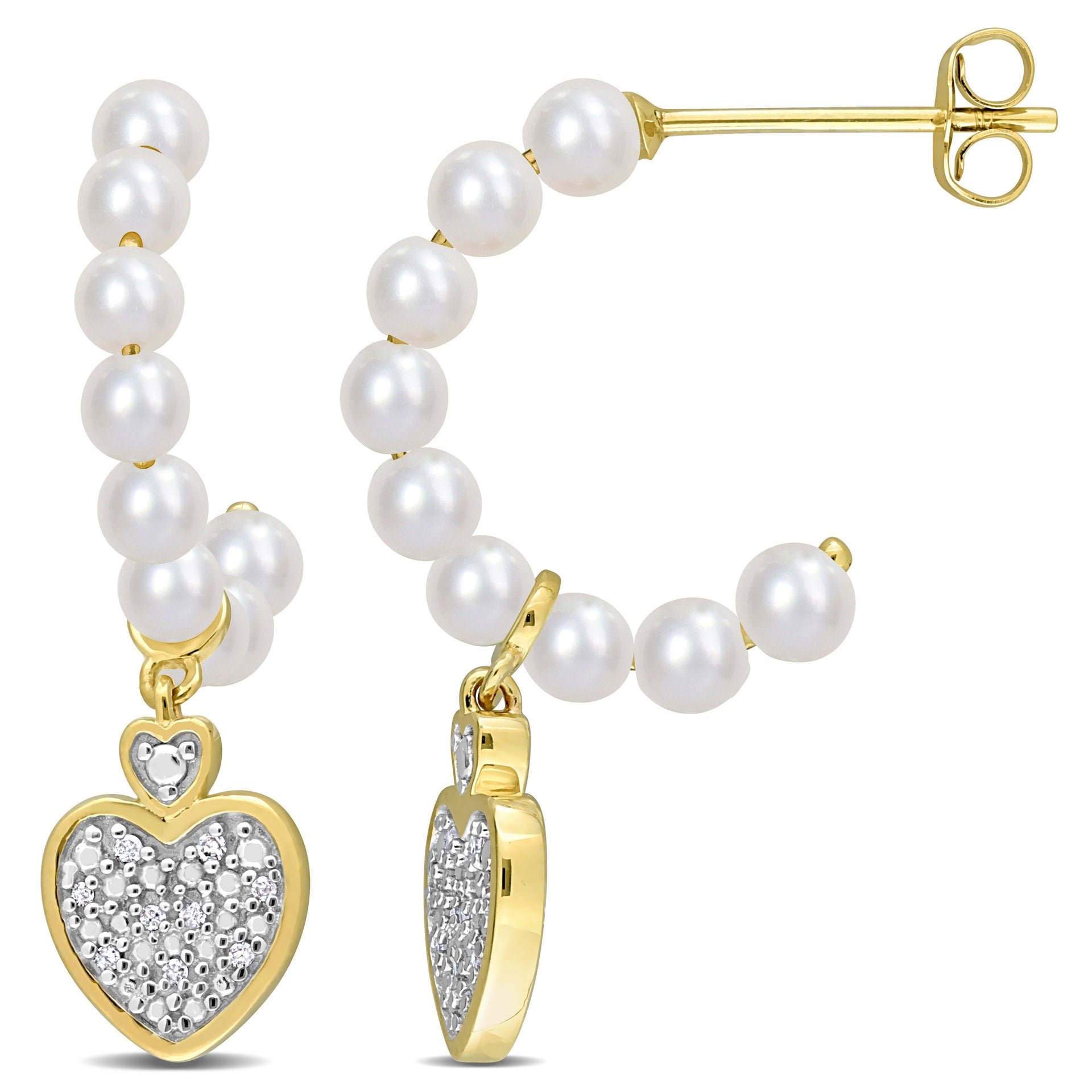 Mimi & Max 3.5-4mm Freshwater Cultured Pearl and Diamond Accent Heart Drop Earrings in 10k Yellow Gold