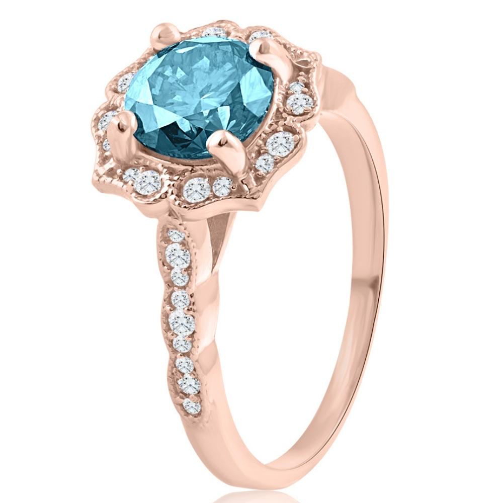 2 ct TW Blue & White Diamond Halo Vintage Engagement Ring 14k Rose Gold