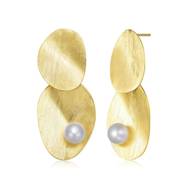 Sterling Silver 14k Yellow Gold Plated with Genuine Freshwater Pearl Unique Earrings