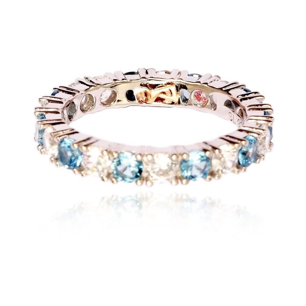 Suzy Levian Sterling Silver Cubic Zirconia Aqua Blue Alternating Eternity Band