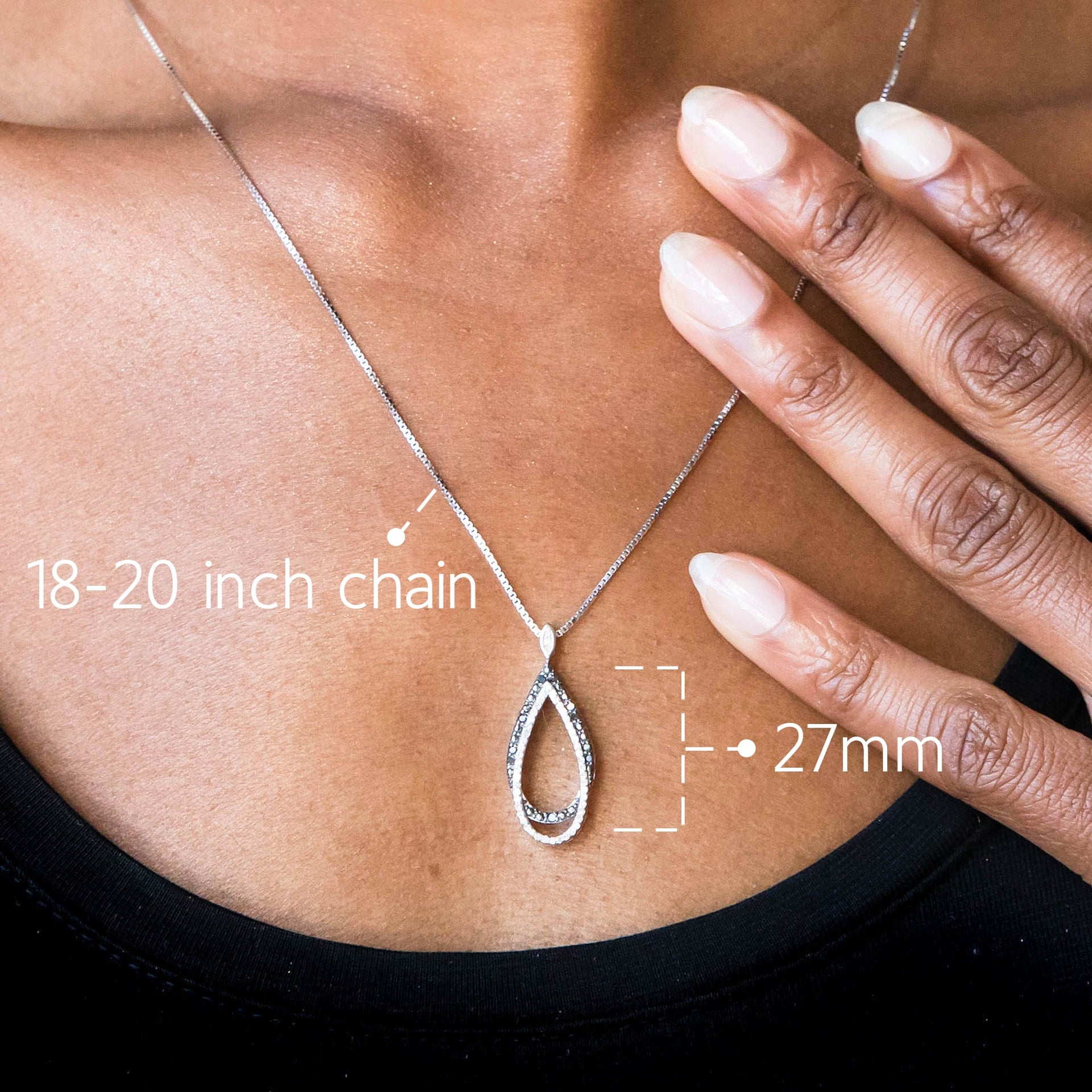 Sterling Silver 0.5 Carat White & Black Diamond Teardrop Necklace with Adjustable 18â€-20â€ Box Chain