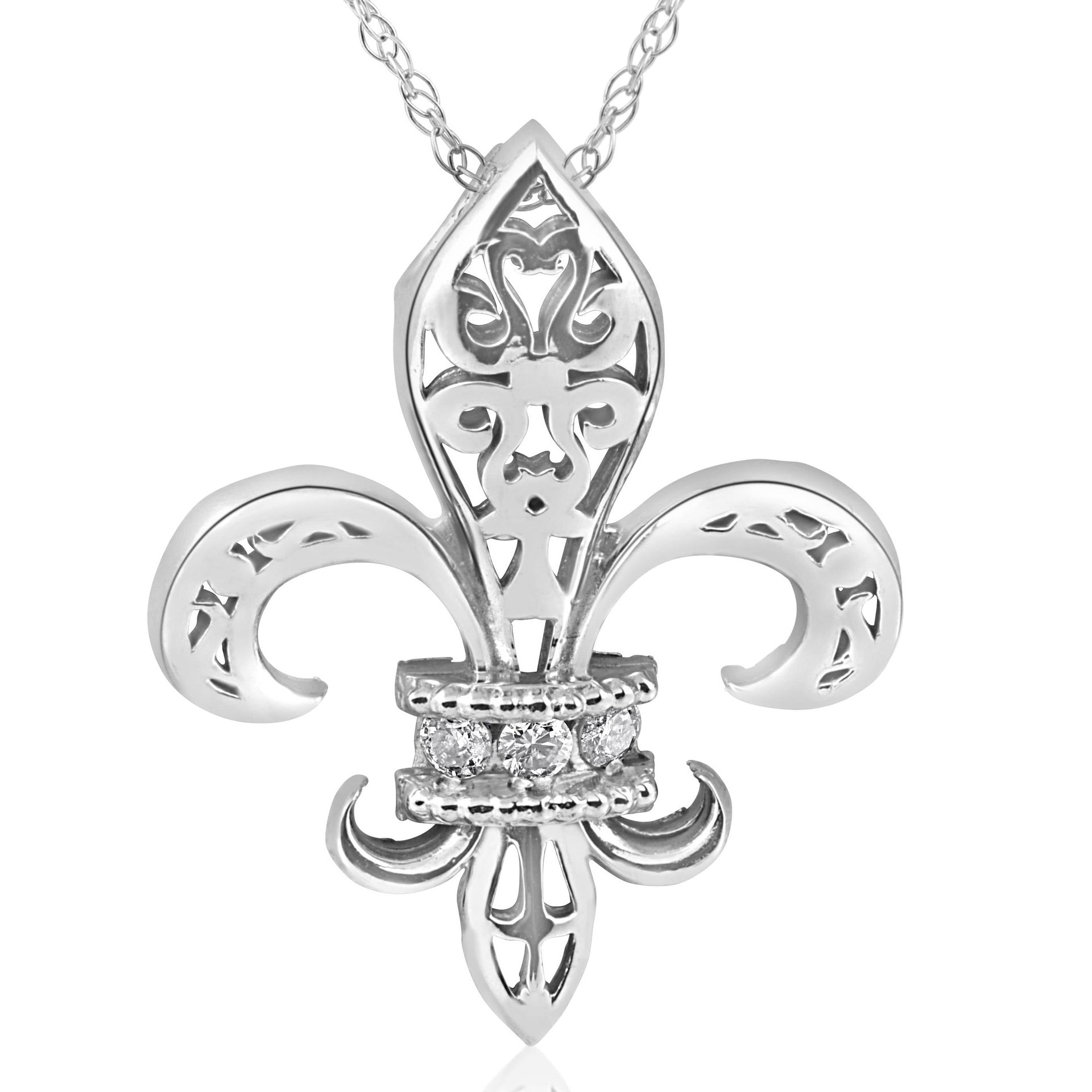 1/10ct Vintage Fleur De Lis Pendant 14K White Gold 1' Tall