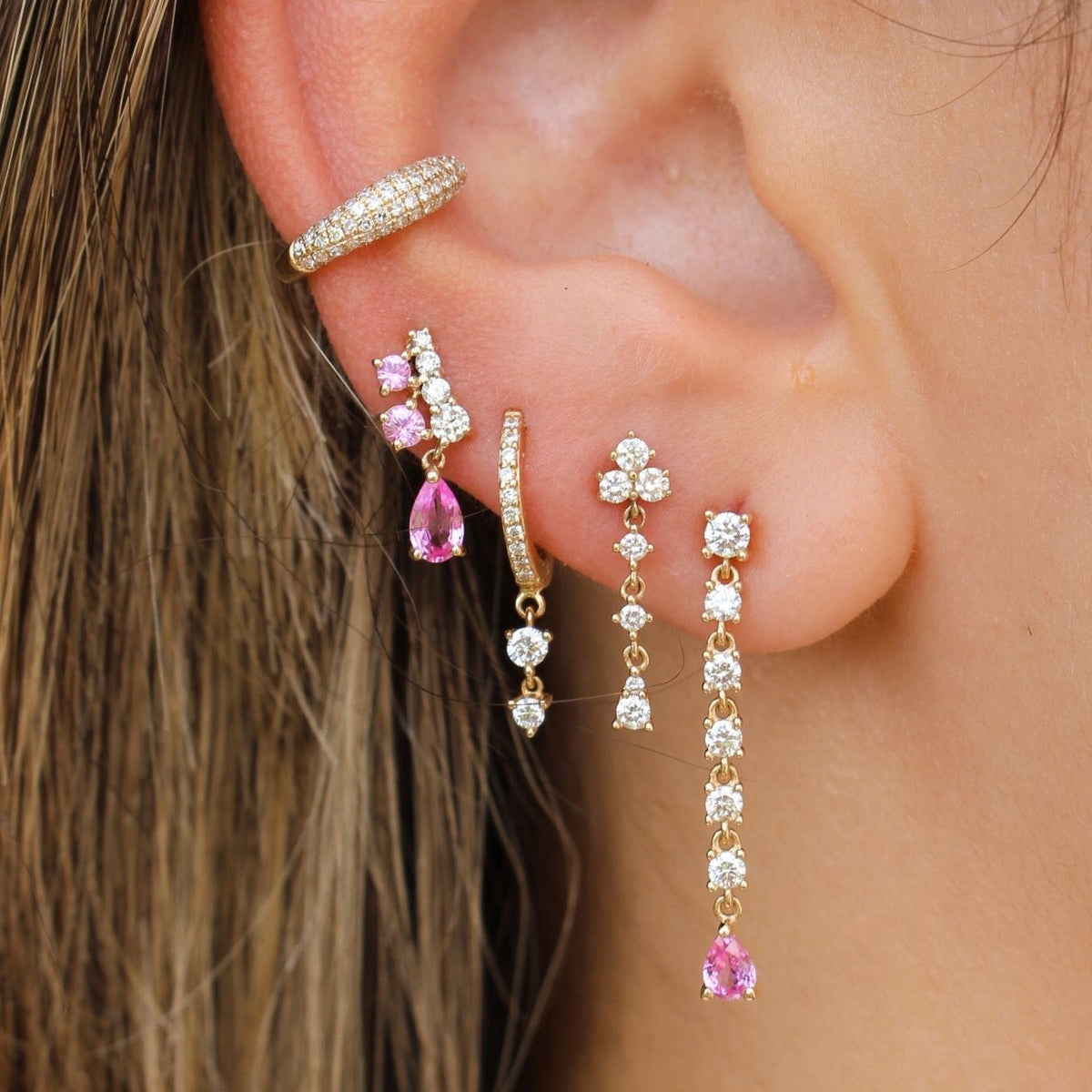 Gold Pink Sapphire Pear Diamond Bar Earring