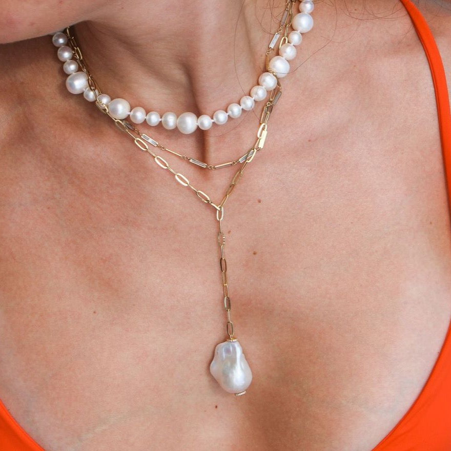 Gold Diamond Baroque Pearl Necklace