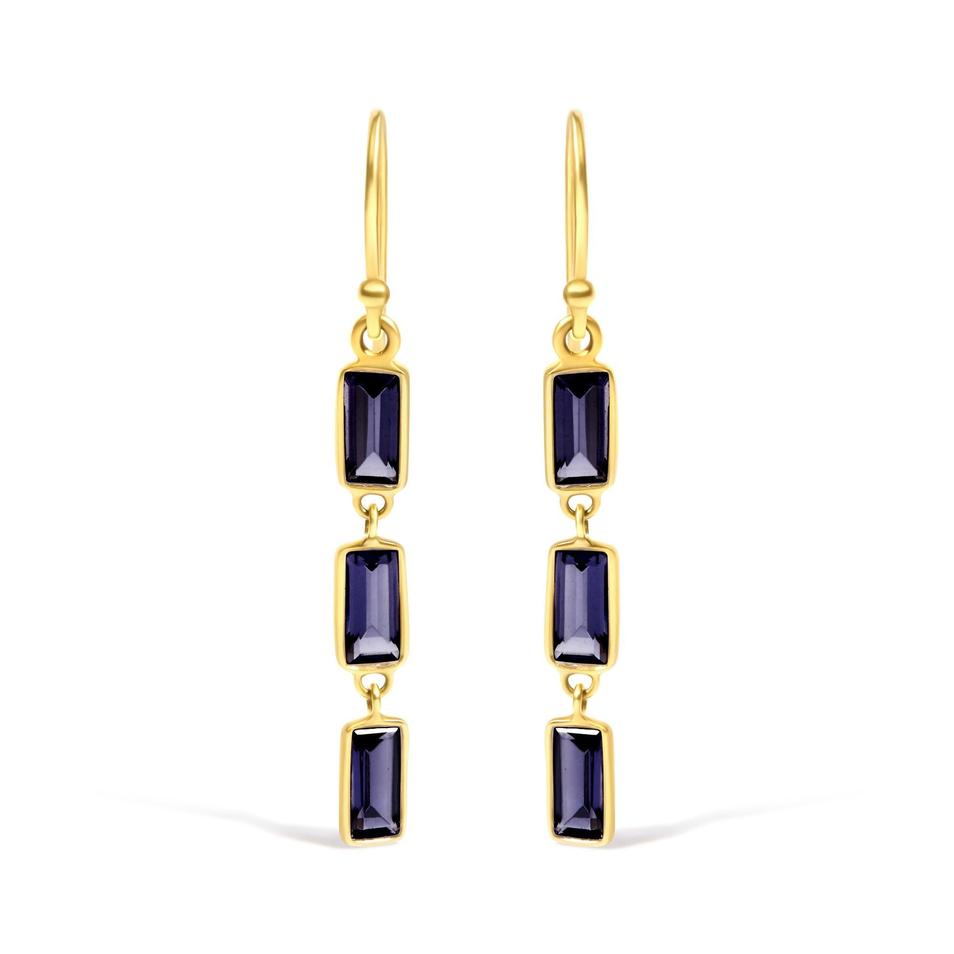 18K Yellow Gold 8x3 MM Bezel Set Purple Baguette Iolite Stiletto 1 1/2 Inch' Dangle Earrings