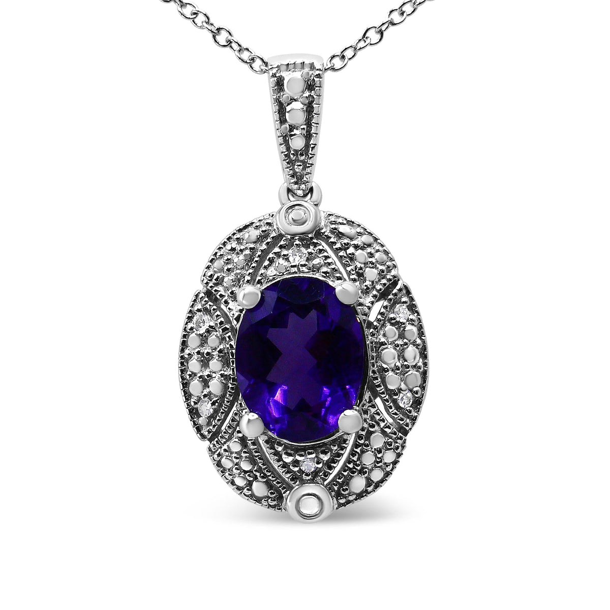 .925 Sterling Silver Diamond Accent and 9x7mm Purple Oval Amethyst Gemstone Pendant 18' Necklace (I-J Color, I1-I2 Clarity)