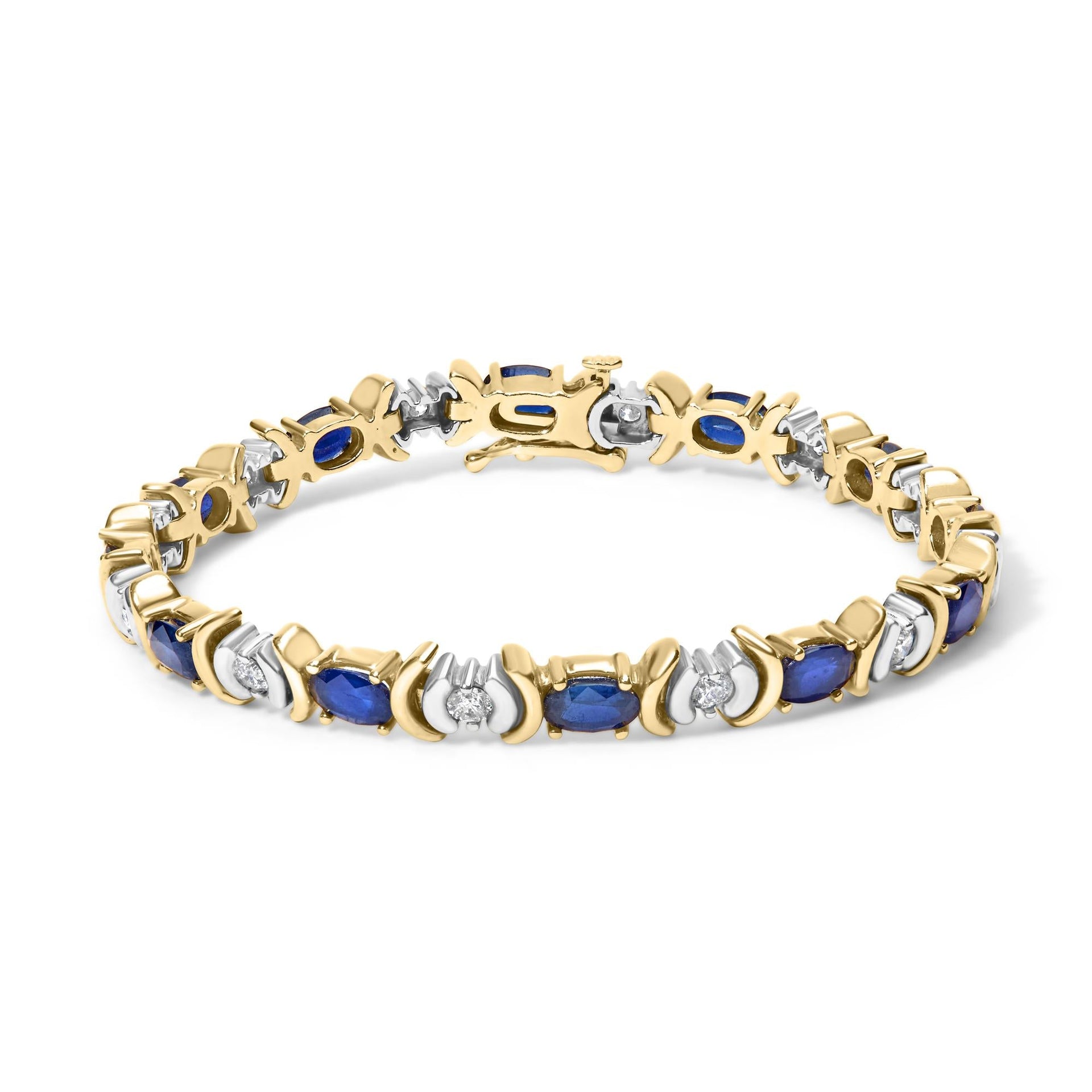 14K Yellow Gold 1.00 Cttw Alternating  Diamond and 6 1/2 Cttw Oval Blue Sapphire Link Bracelet (H-I Color, SI1-SI2 Clarity) - 7' Inches