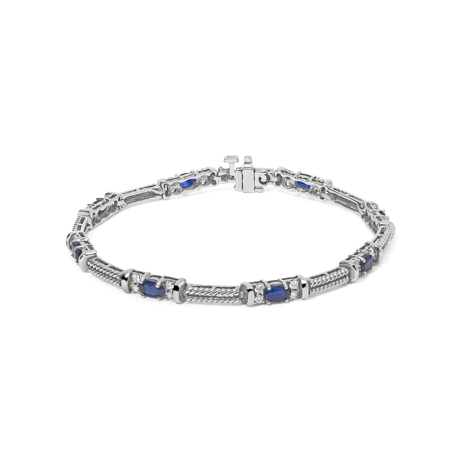 14K White Gold 1/2 Cttw Diamond & Oval Blue Sapphire Braided Link Bracelet (G-H Color, VS1-VS2 Clarity) - 7' Inches