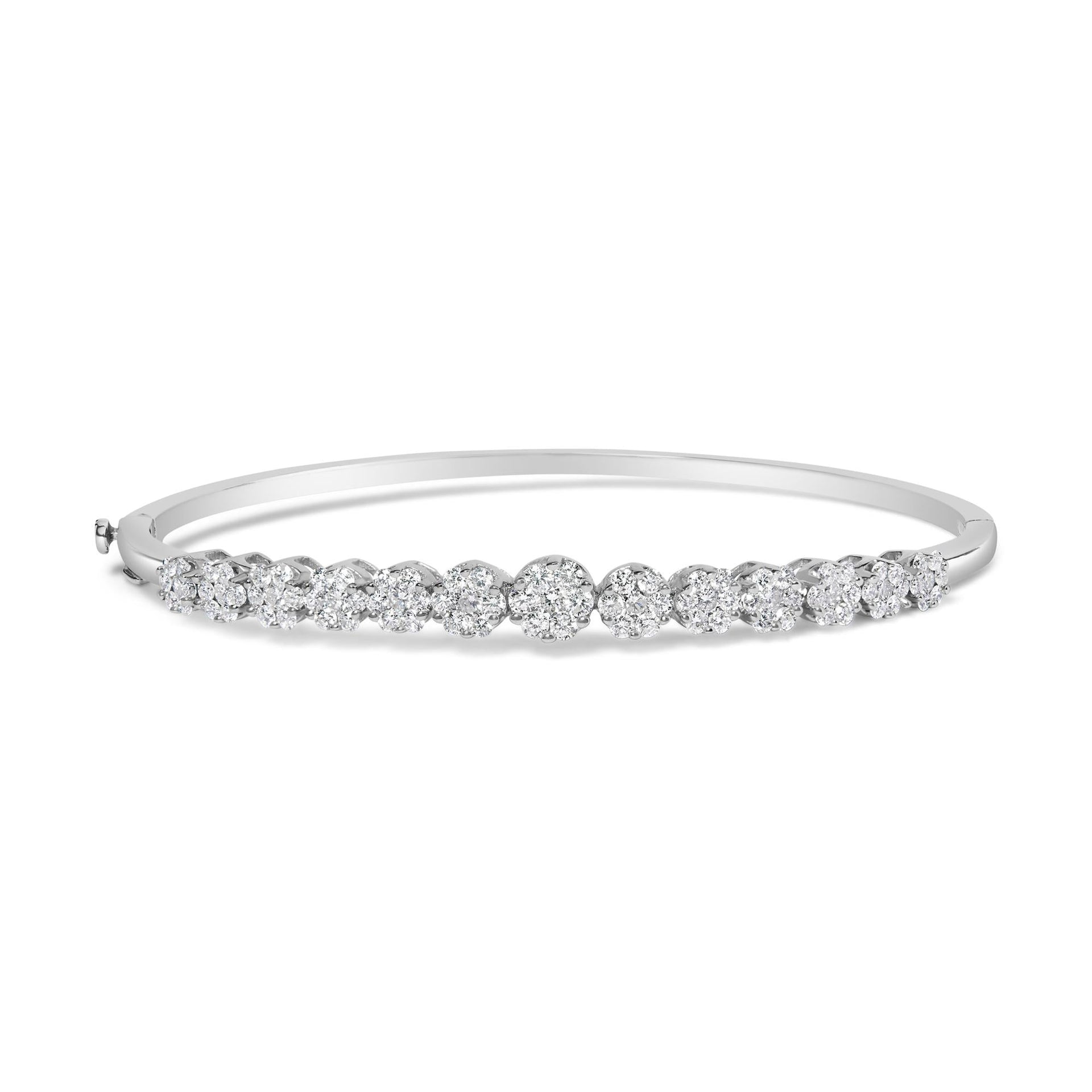 14K White Gold 2 5/8 Cttw Round Diamond 7 Stone Floral Cluster Link Bangle Bracelet (H-I Color, SI1-SI2 Clarity) - Fits Wrists up to 7.25' Inches