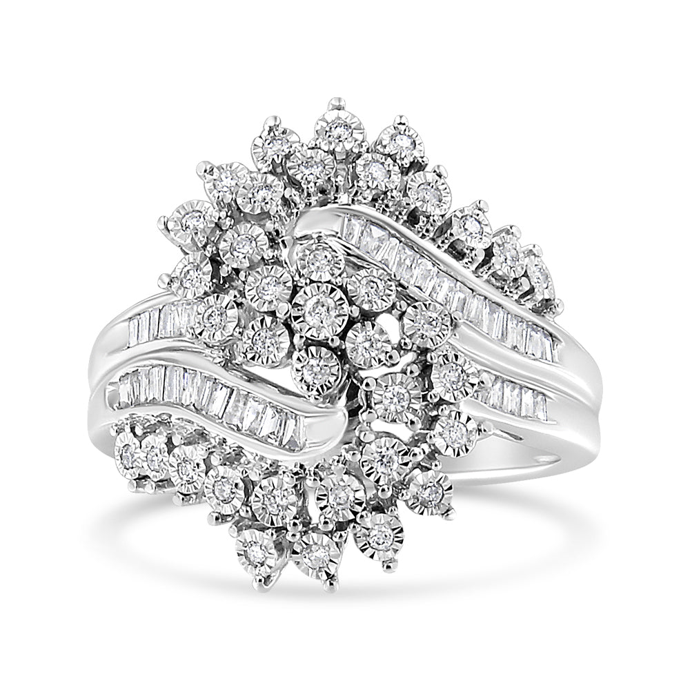 10K White Gold 1/2 Cttw Round and Baguette-Cut 'S' Shaped Bypass Cocktail Ring (I-J Color, I1-I2 Clarity)