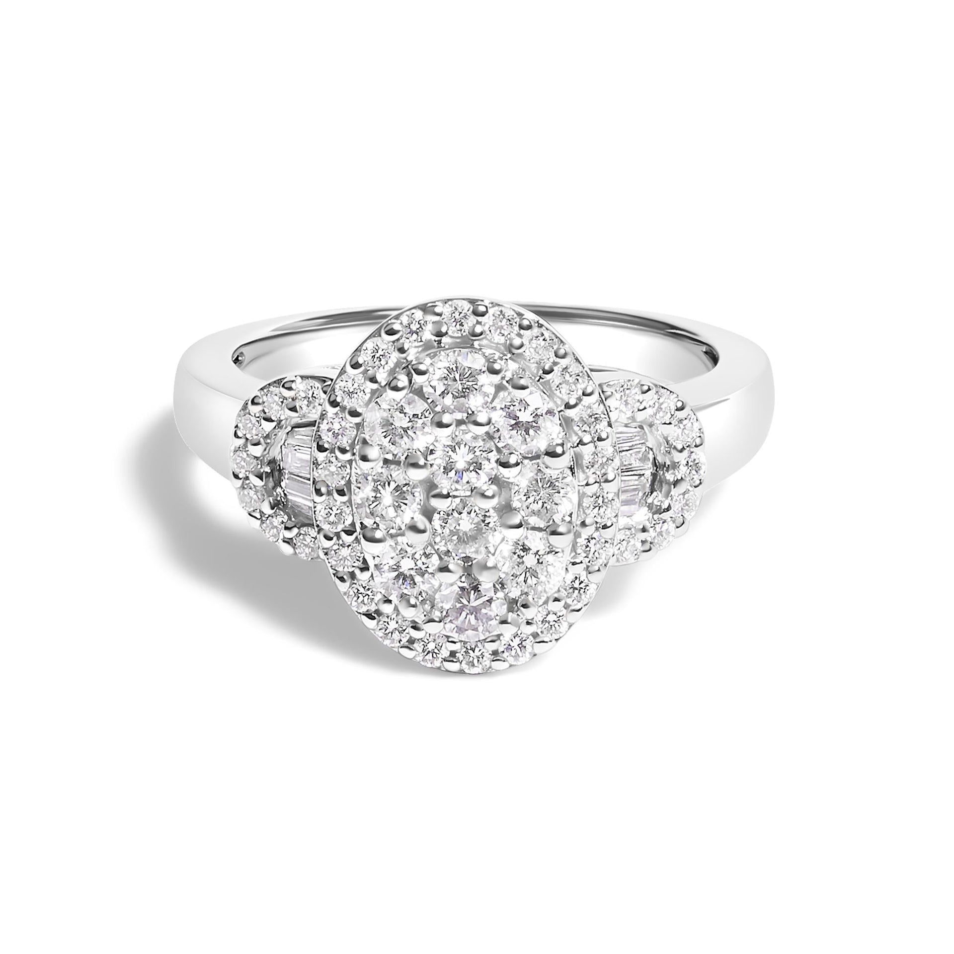 10K White Gold 1.0 Cttw Diamond Oval Cluster with Halo Vintage-Inspired Art Deco 3 Stone Style Statement Ring (G-H Color, SI1-SI2 Clarity)