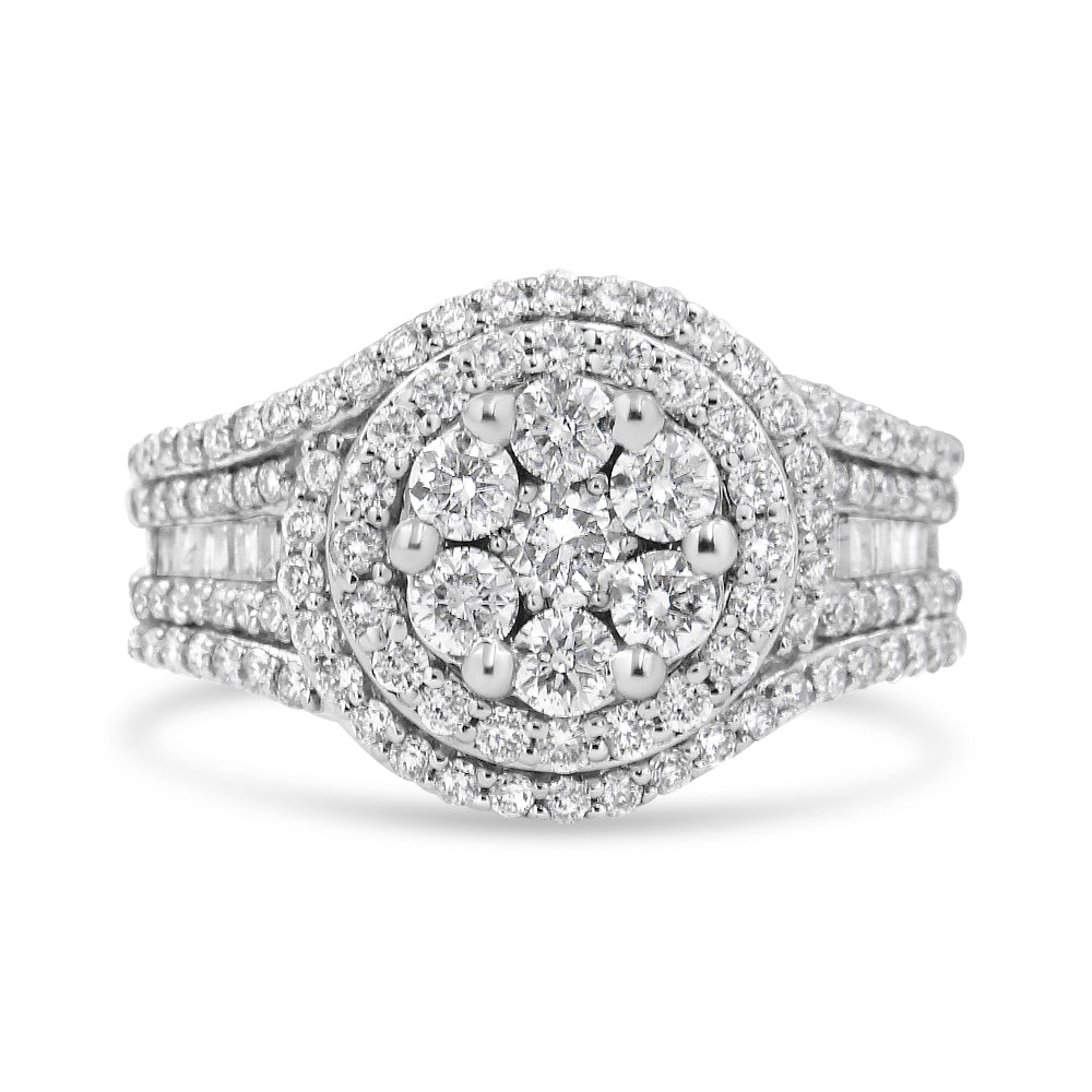14K White Gold 1 1/2 Cttw Diamond Floral Cluster and Studded Shank Halo Ring (H-I Color, SI2-I1 Clarity)