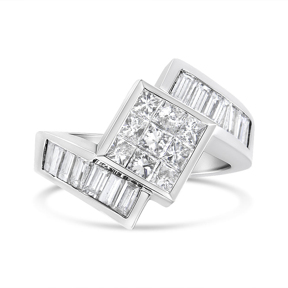 14K White Gold 2 1/5 Cttw Invisible-Set Princess and Channel-Set Baguette Diamond Bypass Kite-Set Ring (G-H Color, VS2-SI1 Clarity)