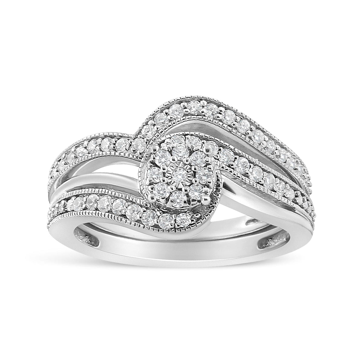.925 Sterling Silver 1/3ct Cttw Multi-Diamond Bypass Vintage-Style Bridal Set Ring and Band