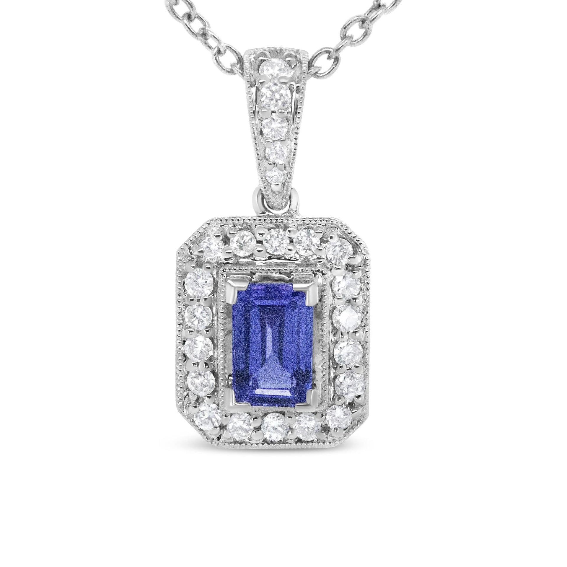 18K White Gold 1/4 Cttw Round Diamond and 6x4mm Purple Tanzanite Halo 18' Pendant Necklace (H-I Color, VS1-VS2 Clarity)