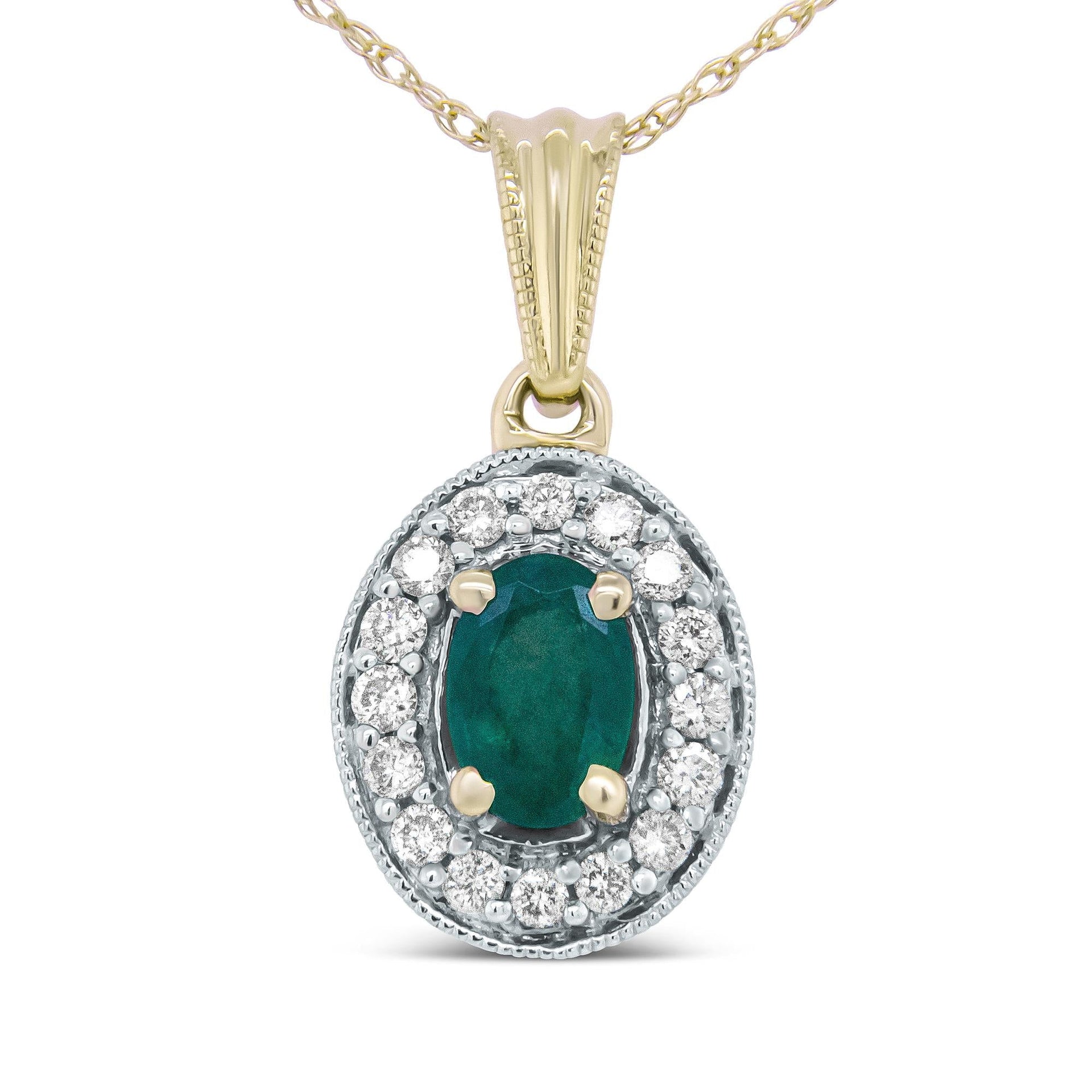 14K Yellow Gold 6x4mm Emerald and 1/5 Cttw Round Diamond Halo Pendant 18' Necklace - (H-I Color, SI1-SI2 Clarity)