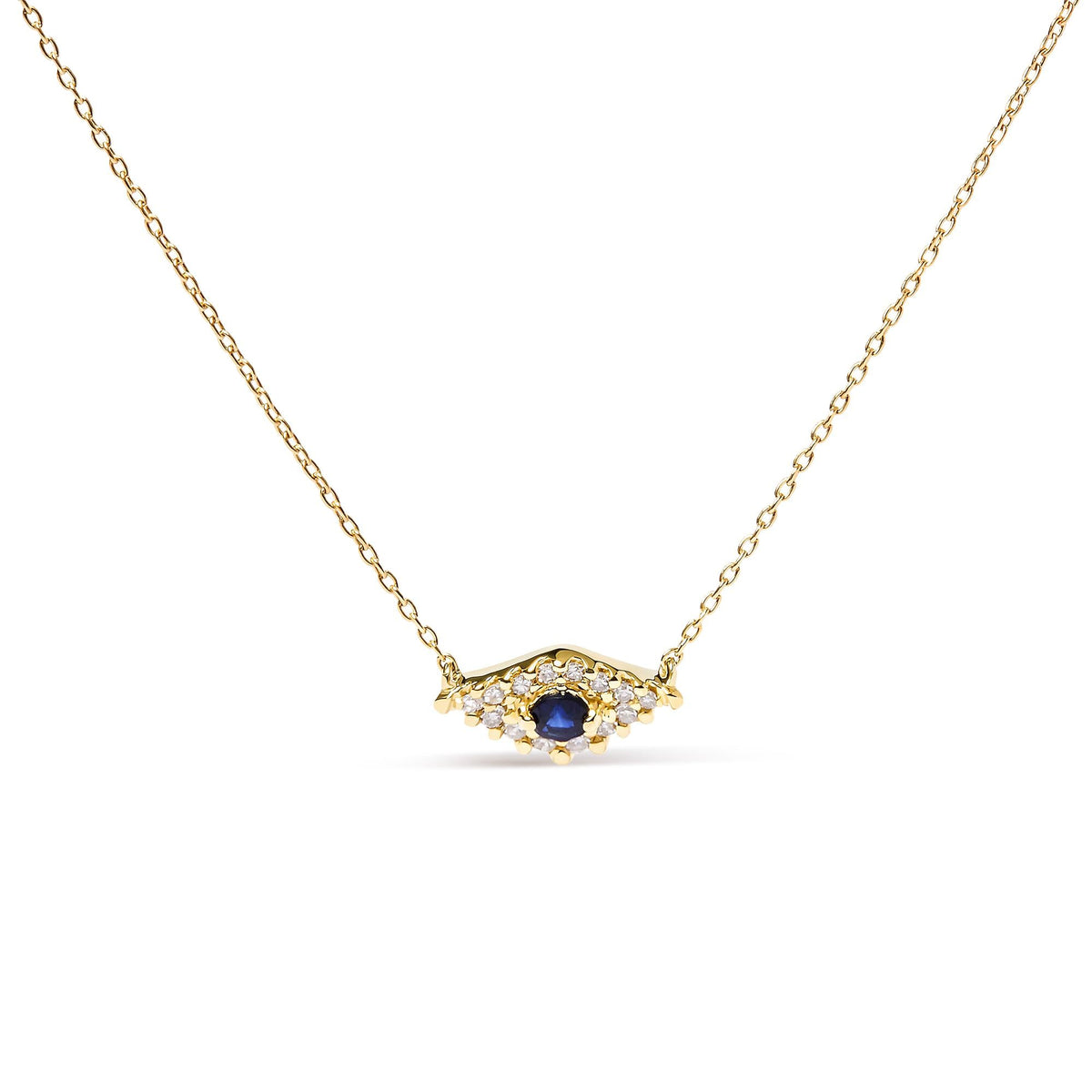 10K Yellow Gold Blue Sapphire and Diamond Accented Evil Eye 18' Inch Pendant Necklace (H-I Color, I1-I2 Clarity)