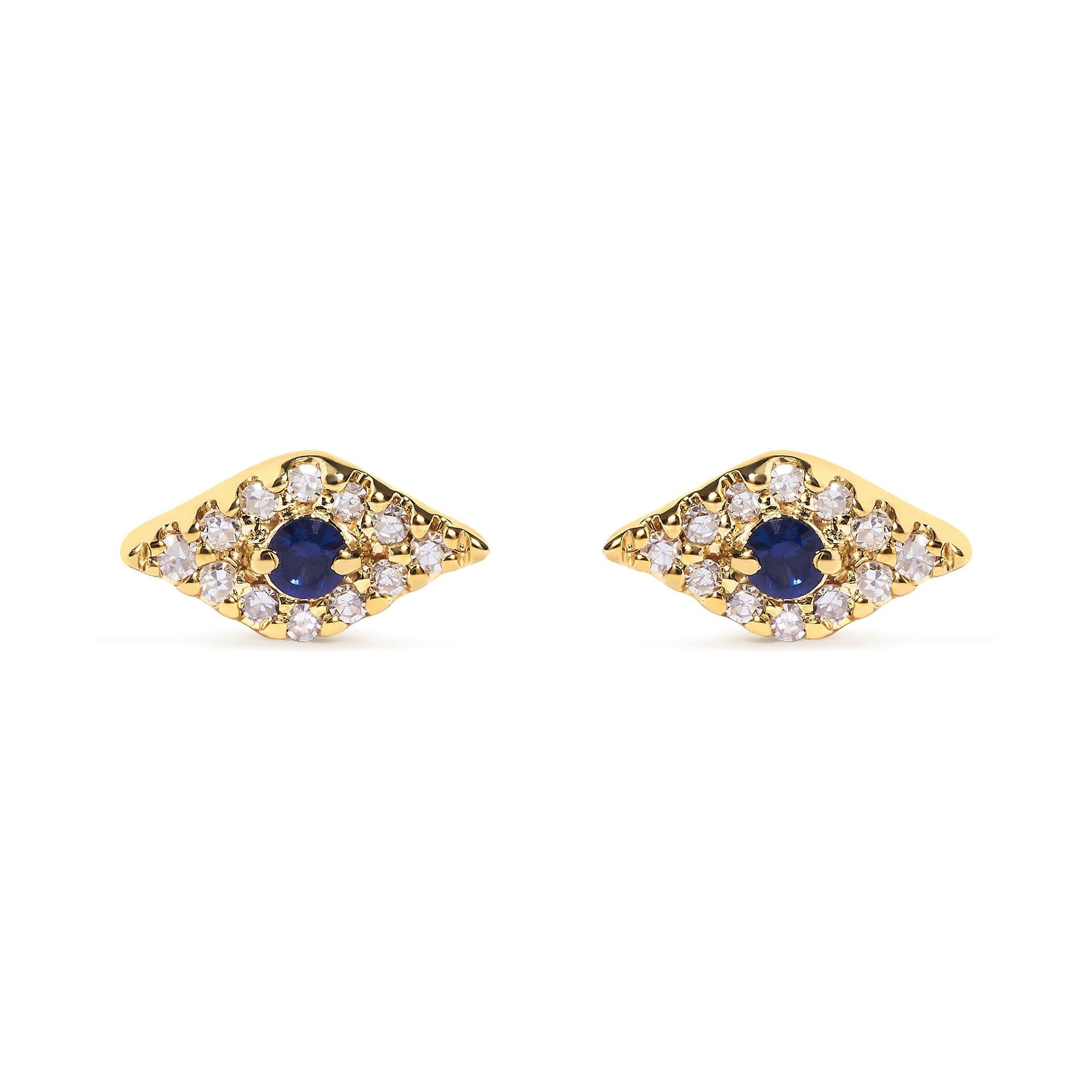 10K Yellow Gold Blue Sapphire and Diamond Accent Evil Eye Stud Earring (H-I Color, I1-I2 Clarity)