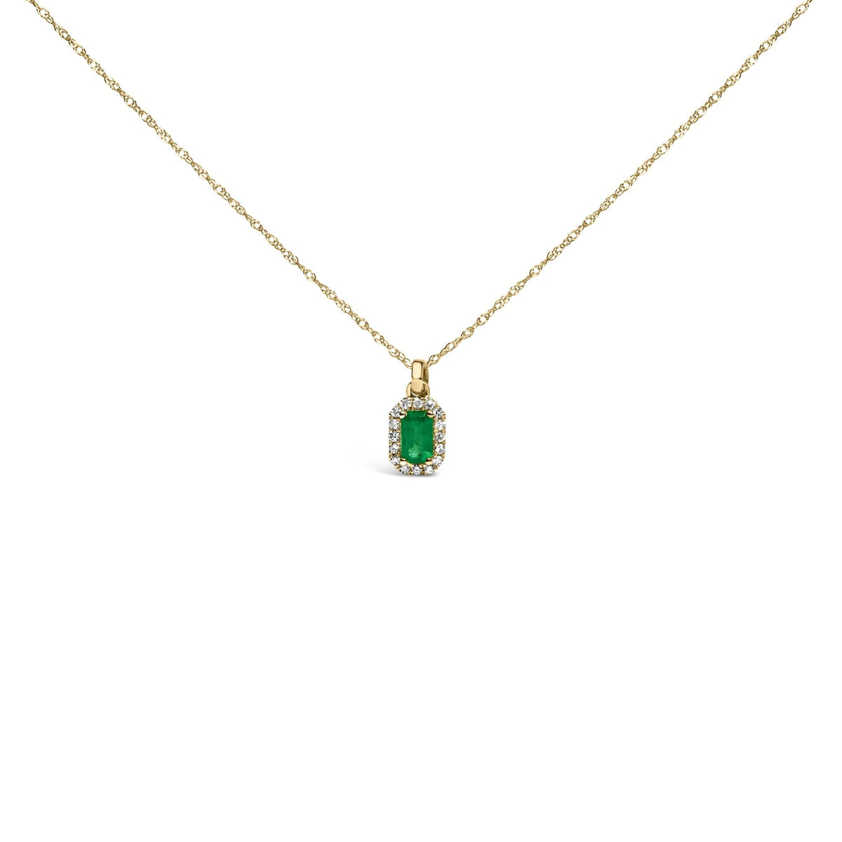 10K Yellow Gold 5x3mm Green Emerald and Diamond Accent Halo Octagonal Shape 18' Pendant Necklace (I-J Color, I1-I2 Clarity)