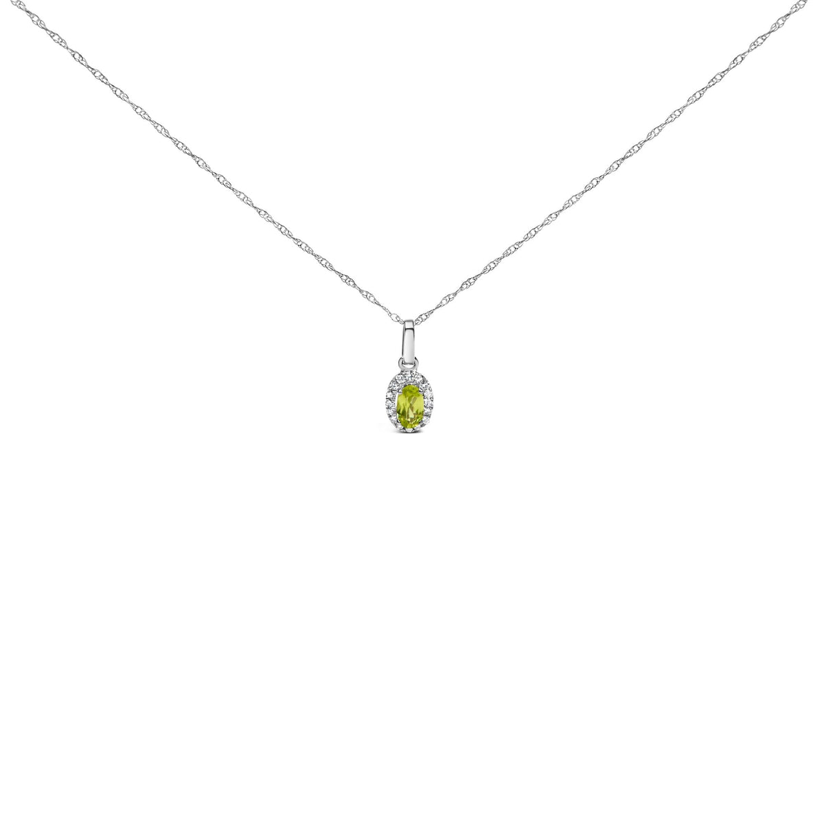 10K White Gold 5x3mm Gemstone and Diamond Accent Halo Oval Shape 18' Pendant Necklace (I-J Color, I1-I2 Clarity)