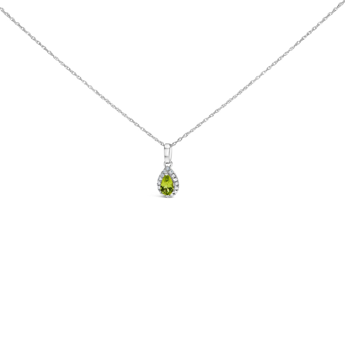 10K White Gold 5x3mm Gemstone and Diamond Accent Halo Pear Shape 18' Pendant Necklace (I-J Color, I1-I2 Clarity)