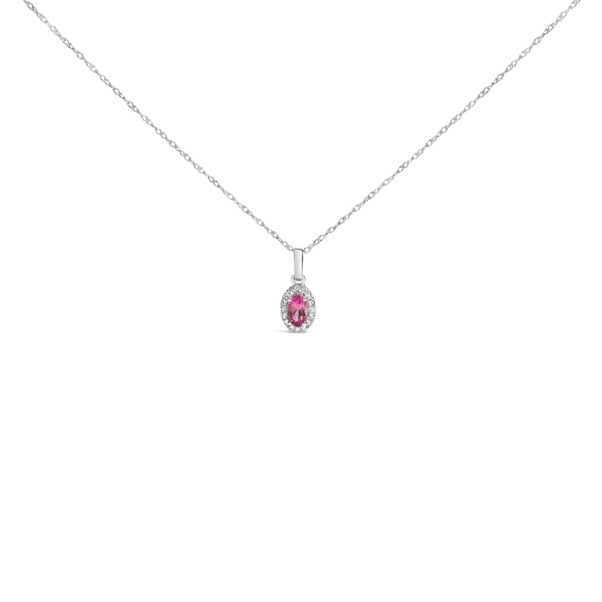 10K White Gold 5x3mm Gemstone and Diamond Accent Halo Oval Shape 18' Pendant Necklace (I-J Color, I1-I2 Clarity)