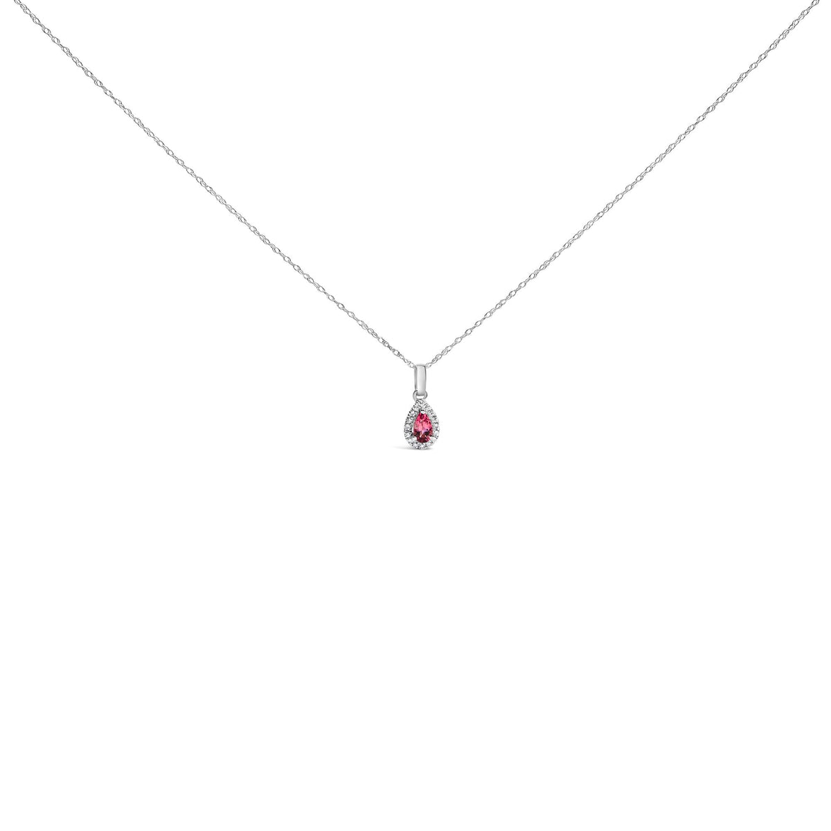 10K White Gold 5x3mm Gemstone and Diamond Accent Halo Pear Shape 18' Pendant Necklace (I-J Color, I1-I2 Clarity)