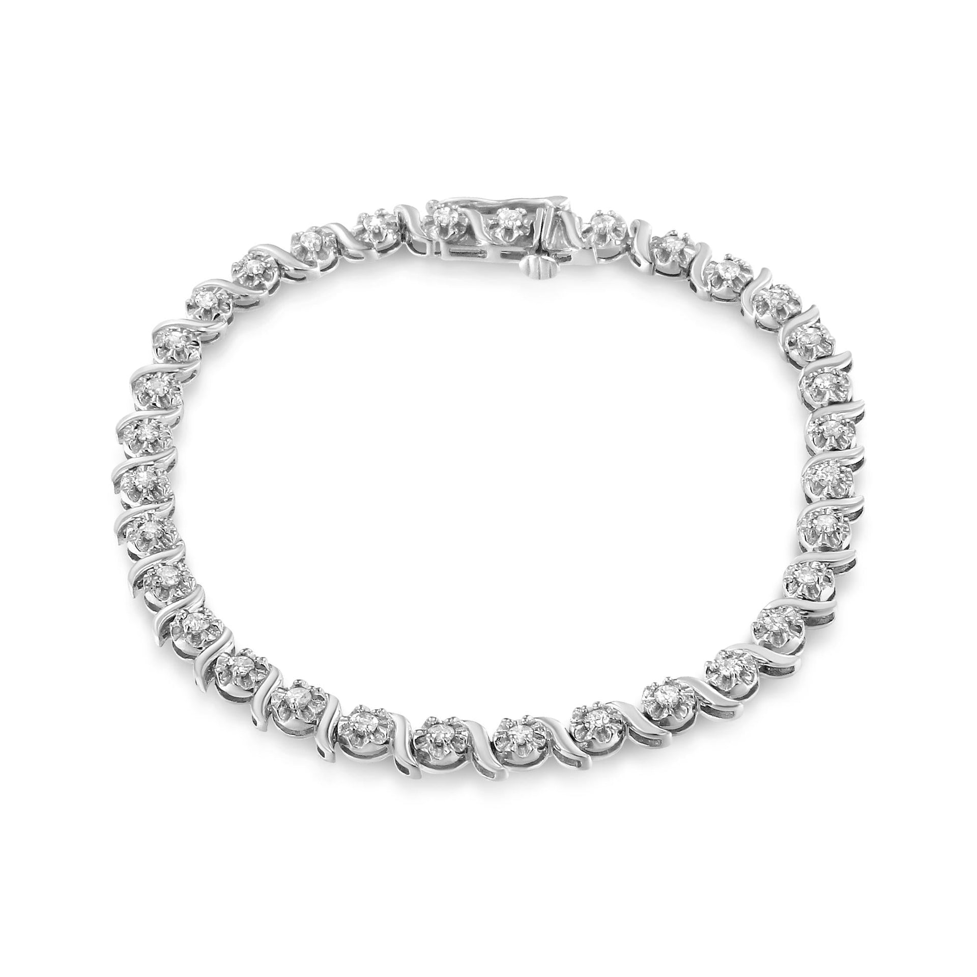 .925 Sterling Silver 1.0 Cttw Diamond Spiral Wave Curved-Link 7' Tennis Bracelet (I-J Color, I3 Clarity)