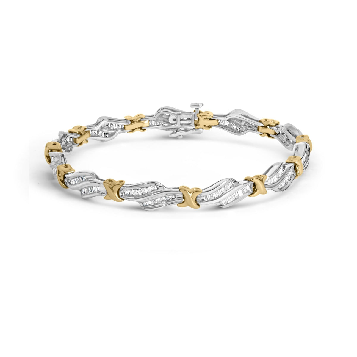 10k Two-Toned Gold 2.00 Cttw Channel Set Baguette-Diamond Weave and  'X' Spiral Link Bracelet (H-I Color, I1-I2 Clarity) - 7'