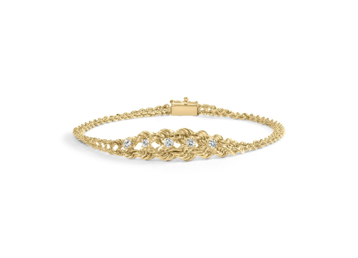 10K Yellow Gold 1/4 Cttw Round-Cut Diamond Basket Weave Rope Chain Style 7' Bracelet (H-I Color, I1-I2 Clarity)