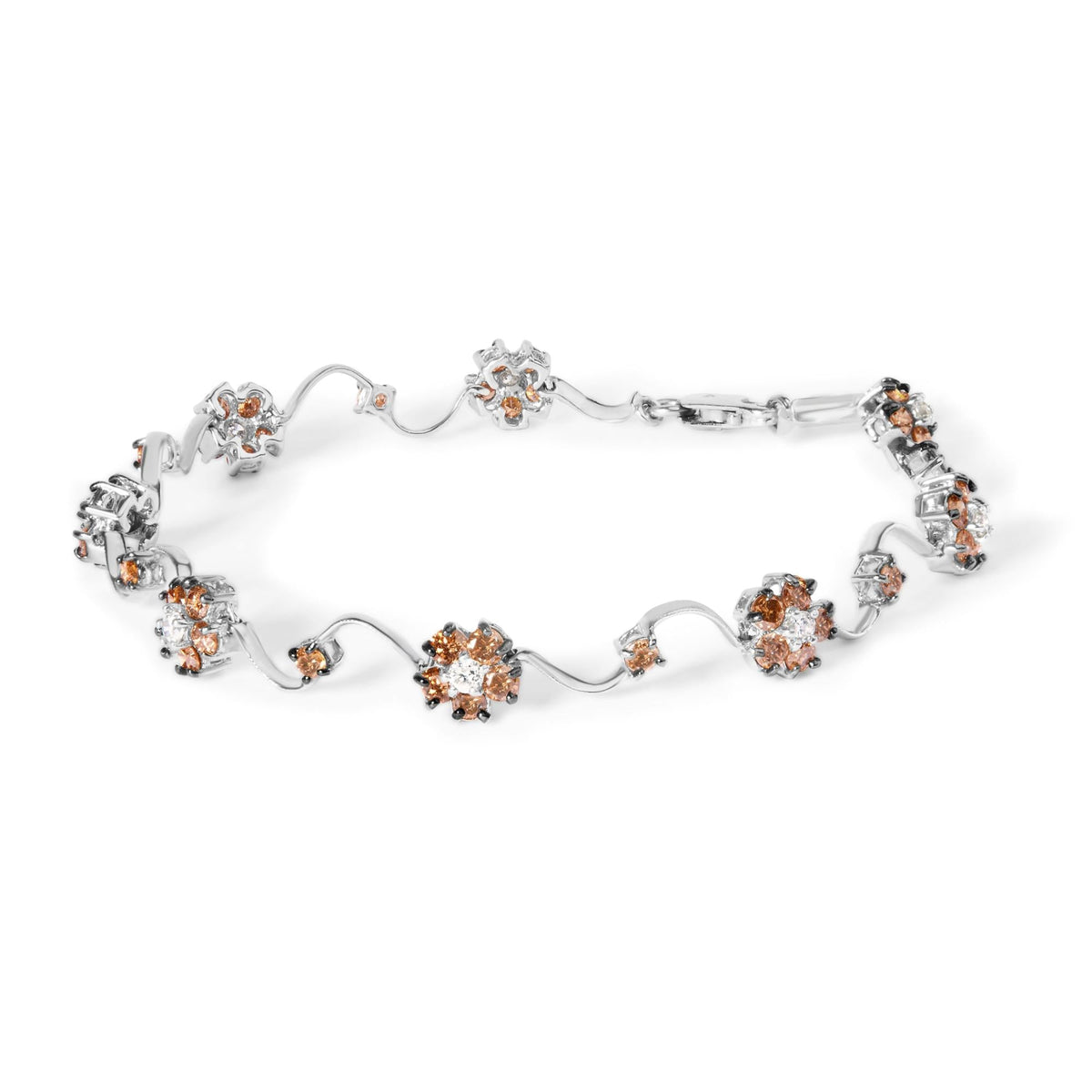 10K White Gold 4.0 Cttw Champagne and White Diamond Floral Cluster and Station Link Bracelet (H-I Color, SI2-I1 Clarity) - 7' Inches