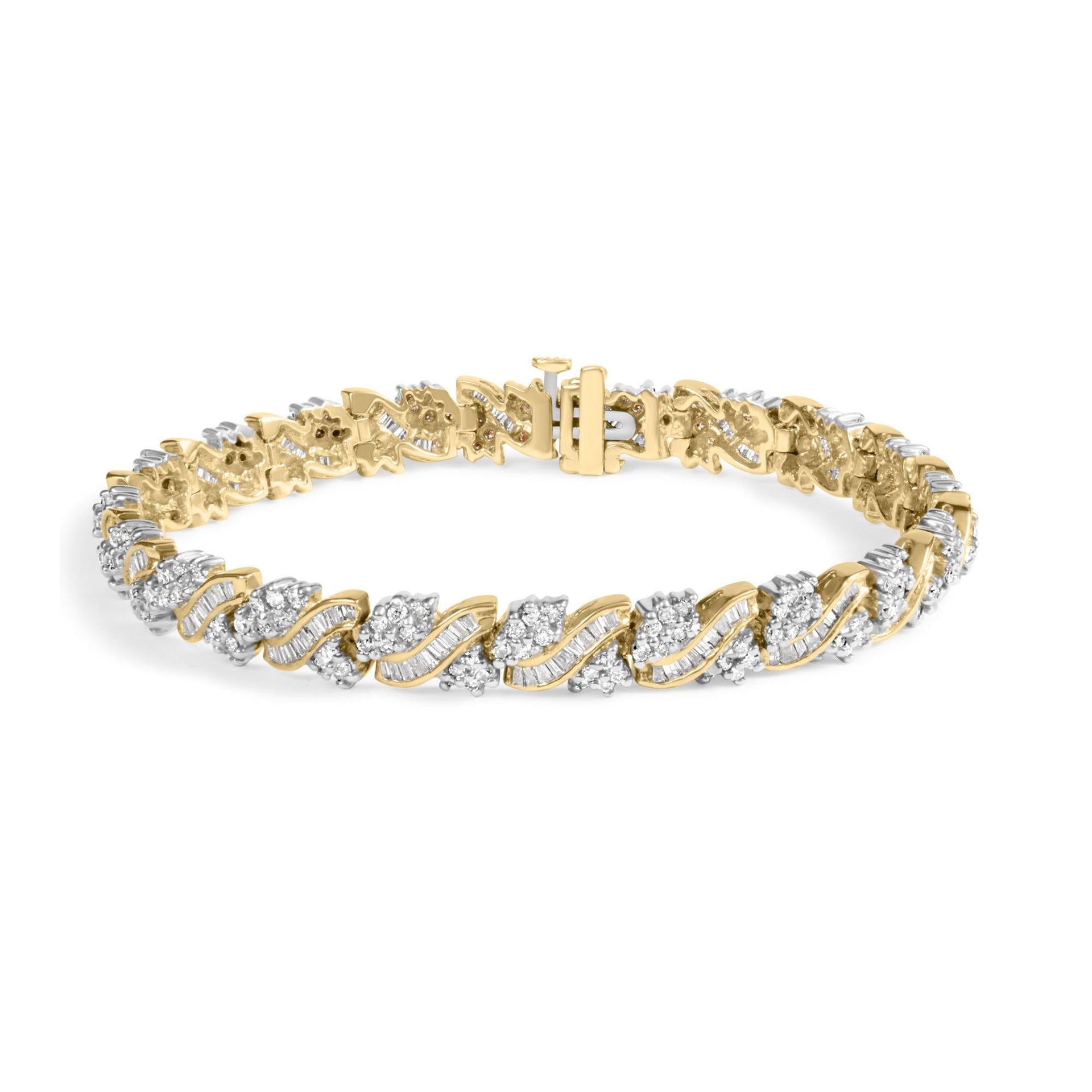 14K Yellow Gold 4.00 Cttw Diamond Woven Composite Cluster and S-Link Bracelet (I-J Color, I1-I2 Clarity) - 7' Inches