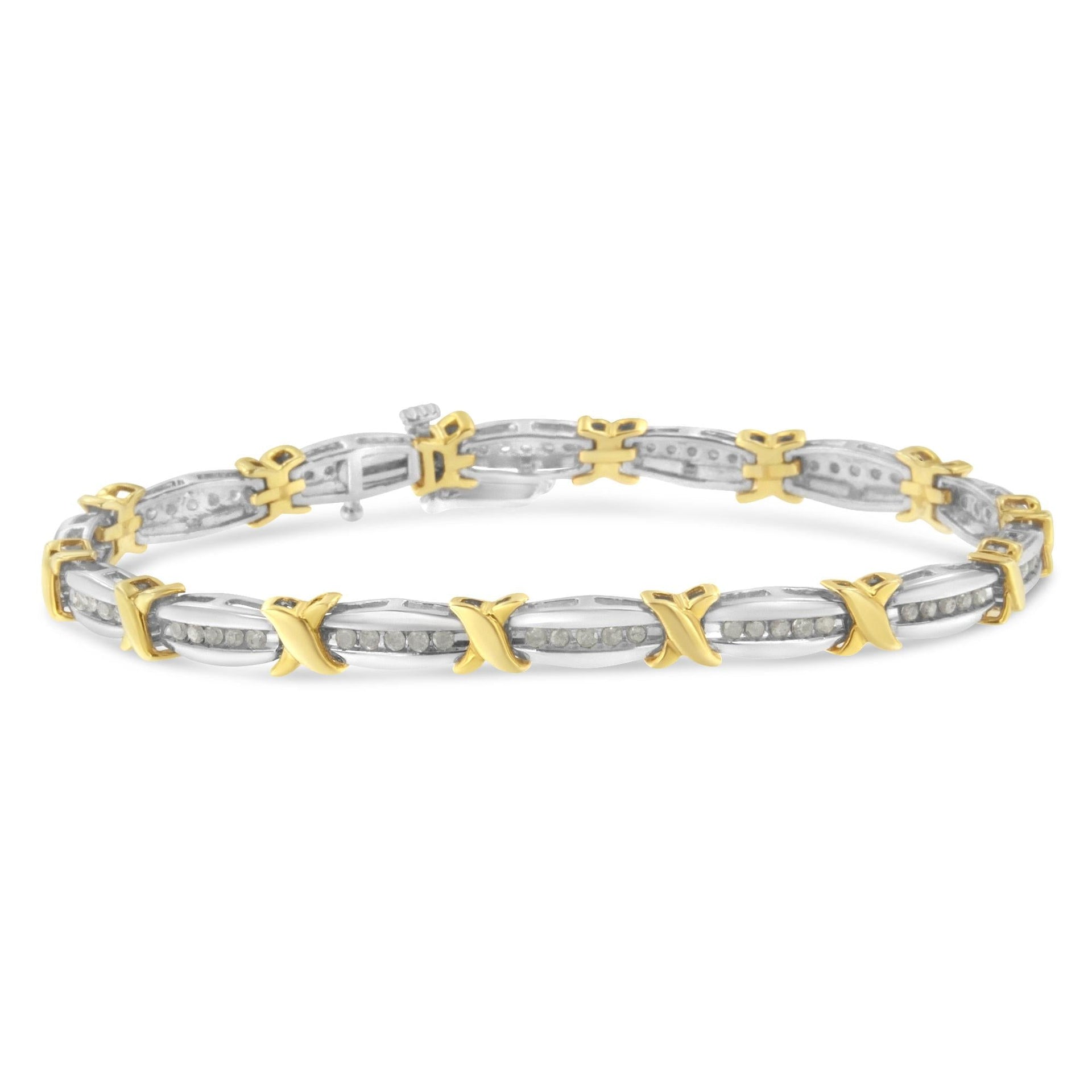 Two-Tone 10K Yellow Gold over .925 Sterling Silver 1.0 Cttw Diamond Channel Set Tapered & X-Link 7' Tennis Bracelet (H-I Color, I2-I3 Clarity)