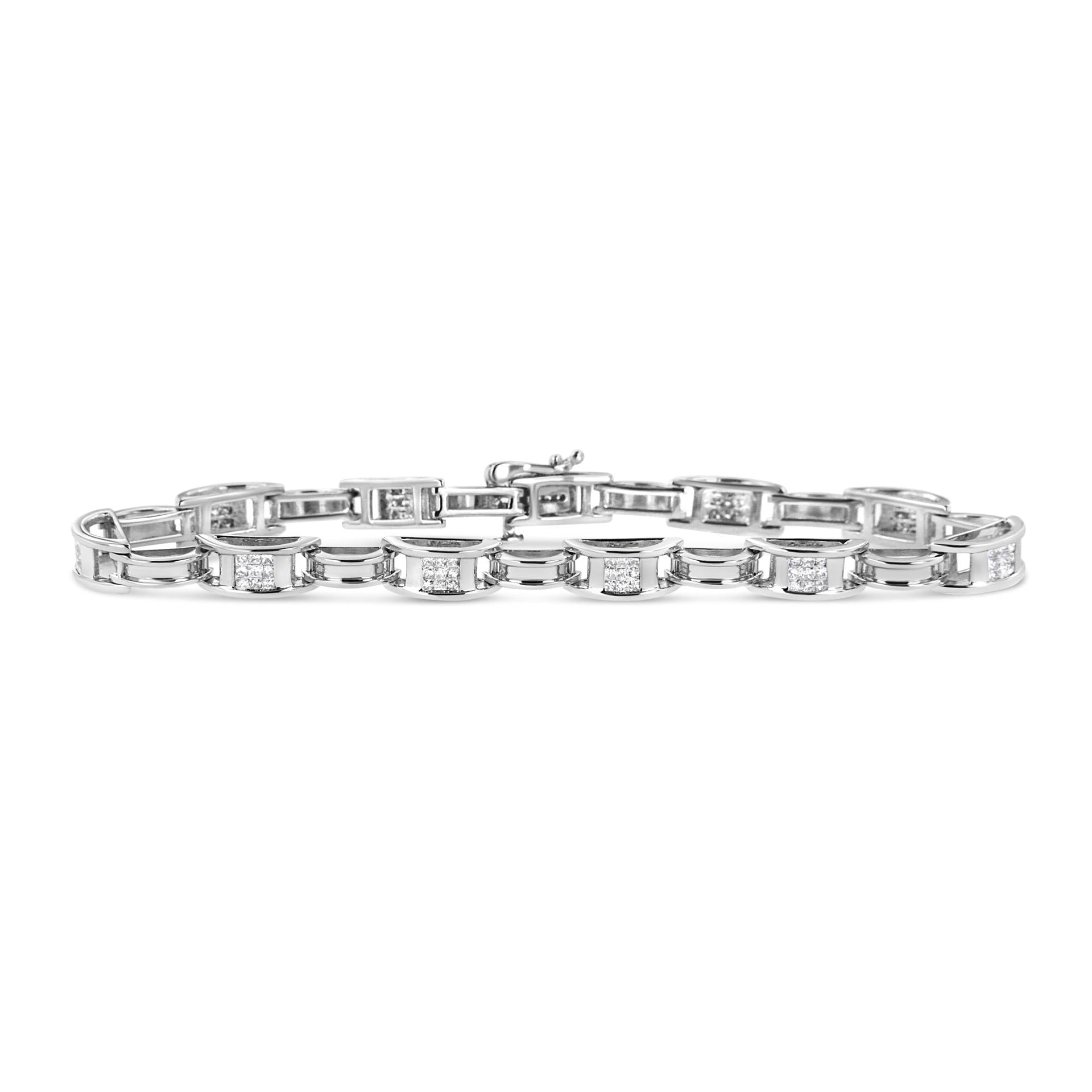14K White Gold 1.0 Cttw Invisible Set Princess Diamond Alternating Link Tennis Bracelet (I-J Color, I1-I2 Clarity) - 7.25'