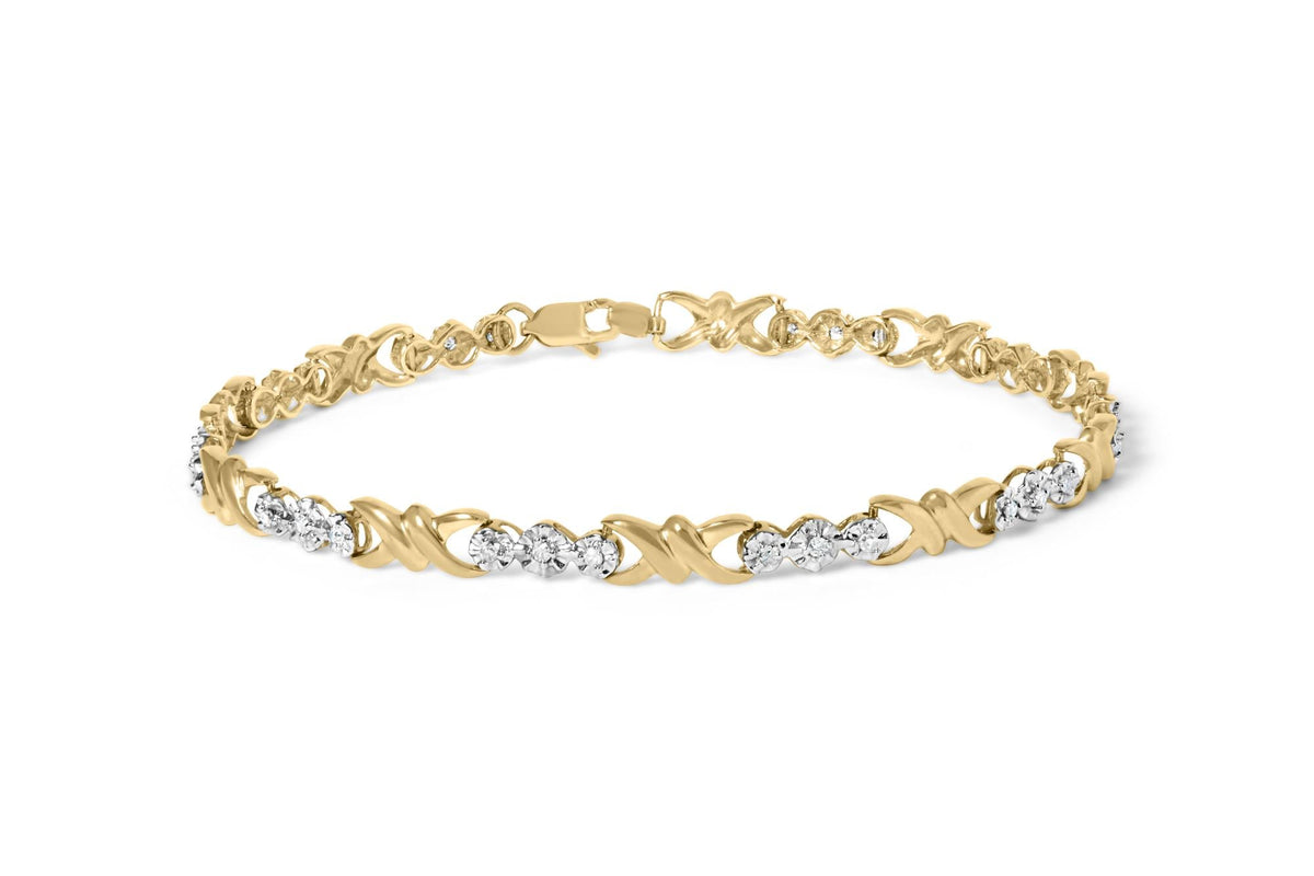 10k Yellow Gold 1/3 Cttw Diamond 3 Stone and X-Link Bracelet (I-J Color, I1-I2 Clarity) - 7.50' Inches