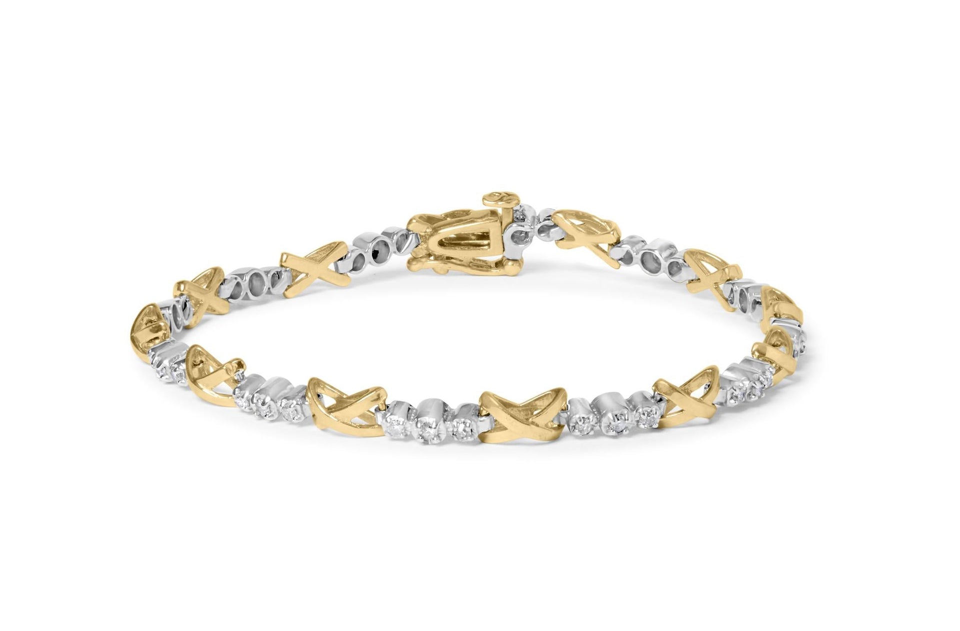 10K Two-Tone Gold 1/2 Cttw Diamond Alternating 3 Stone and X-Link 7' Bracelet (I-J Color, I2-I3 Clarity)