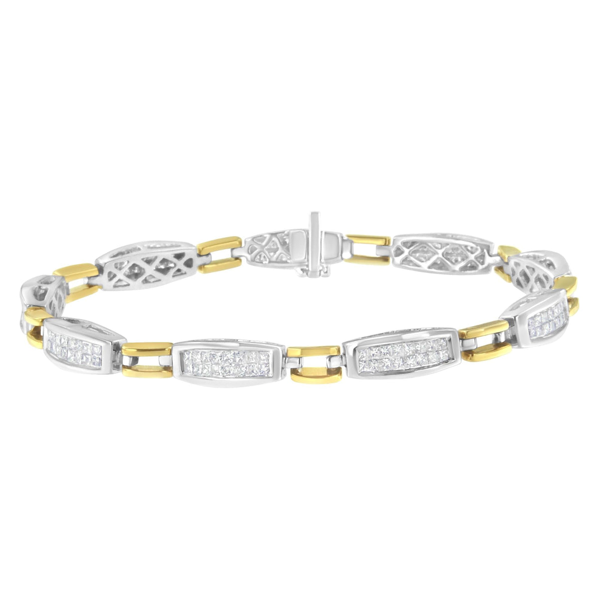 14K Yellow and White Gold 2.0 Cttw Princess Cut Diamond Tapered and Equal Sign Link Bracelet (G-H Color, SI1-SI2 Clarity) - 7'
