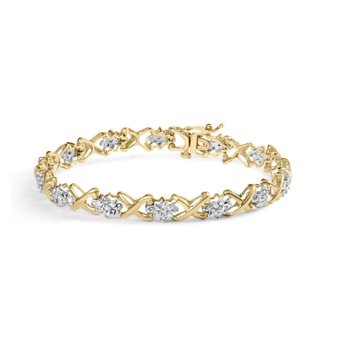 10k Yellow Gold 2.00 Cttw Diamond Cluster and Alternating 'X' Link Bracelet (I-J Color, I3 Clarity) - 7'