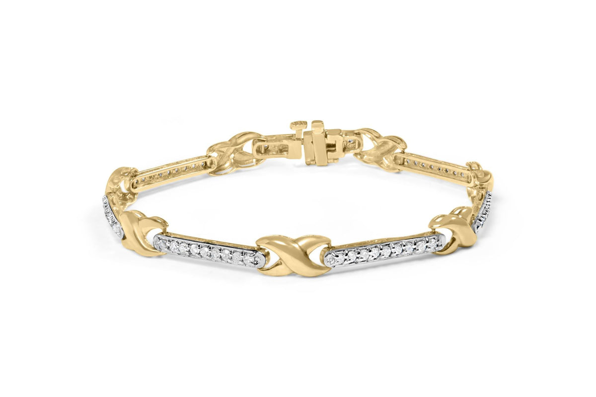 10K Yellow Gold 1.00 Cttw Pave Set Diamond Bar and  X-Link 7' Bracelet (I-J Color, I3 Quality)