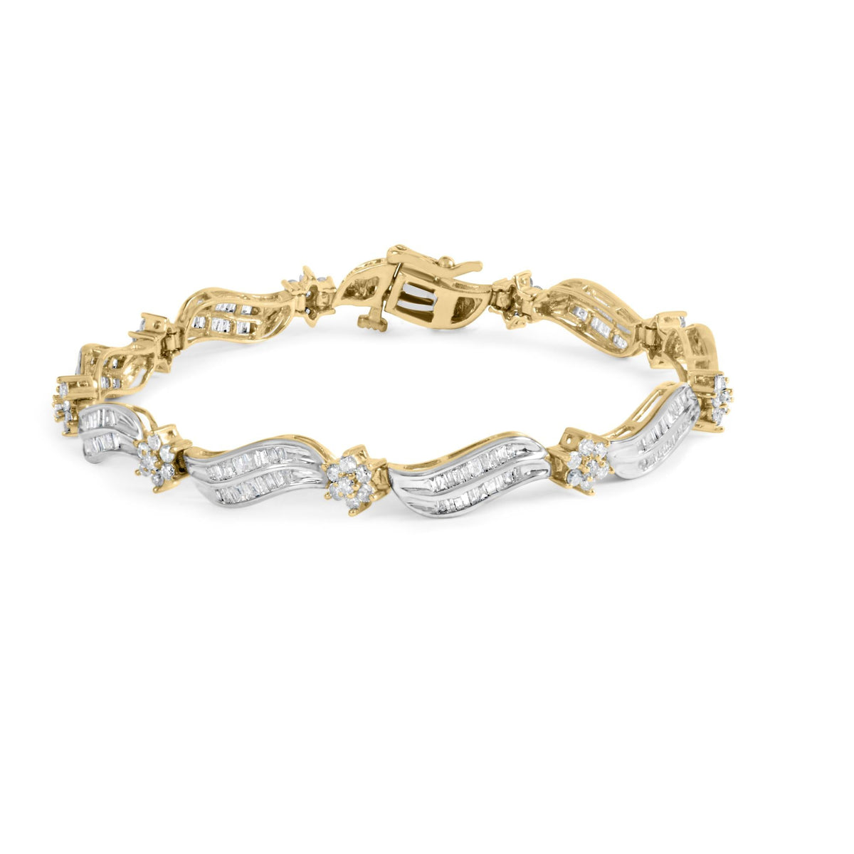 10K Yellow and White Gold 3.00 Cttw Diamond Cluster and Wave Link Bracelet (I-J Color, I1-I2 Clarity) - 7.25'