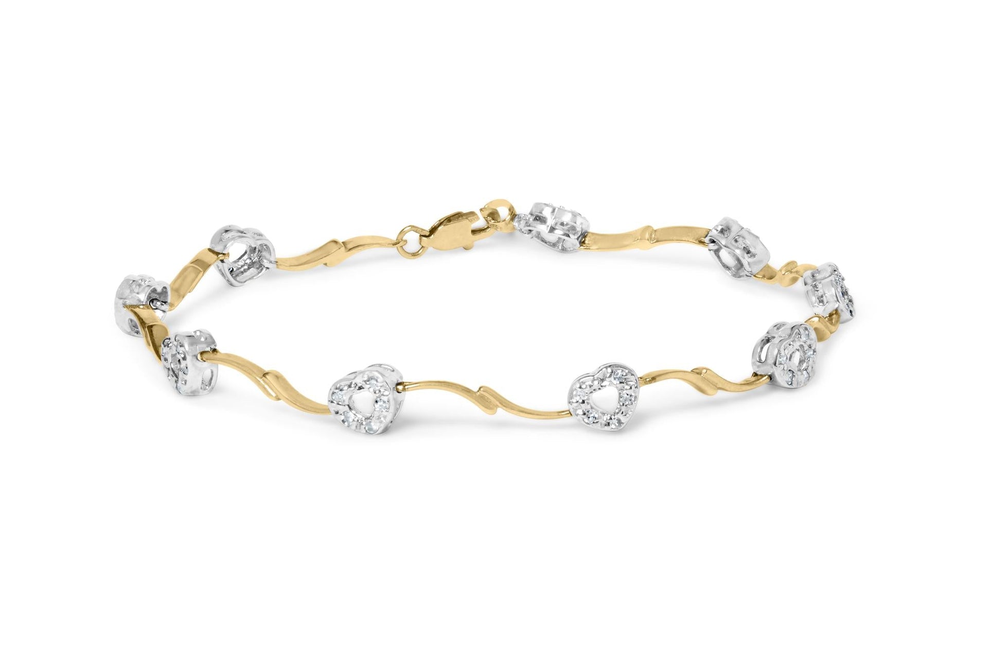 10k Two-Tone Gold 1/3 Cttw Diamond Pave Set Heart S-Link 7.25' Bracelet (I-J Color, I2-I3 Clarity)