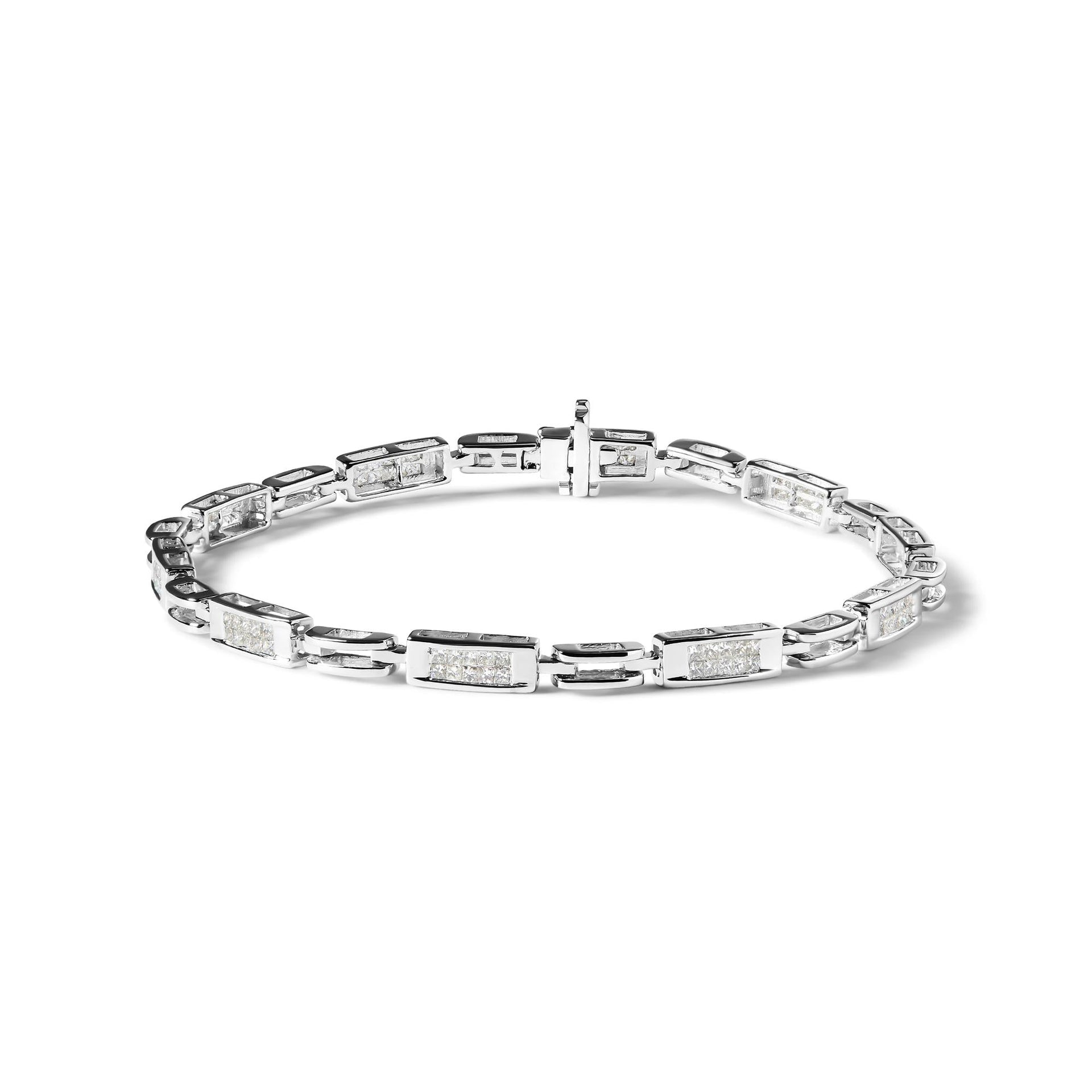 14K White Gold 1.0 Cttw Invisible Set Princess Cut Diamond Alternating Station and Link Tennis Bracelet (I-J Color, I1-I2 Clarity) - Size 7.25' Inches