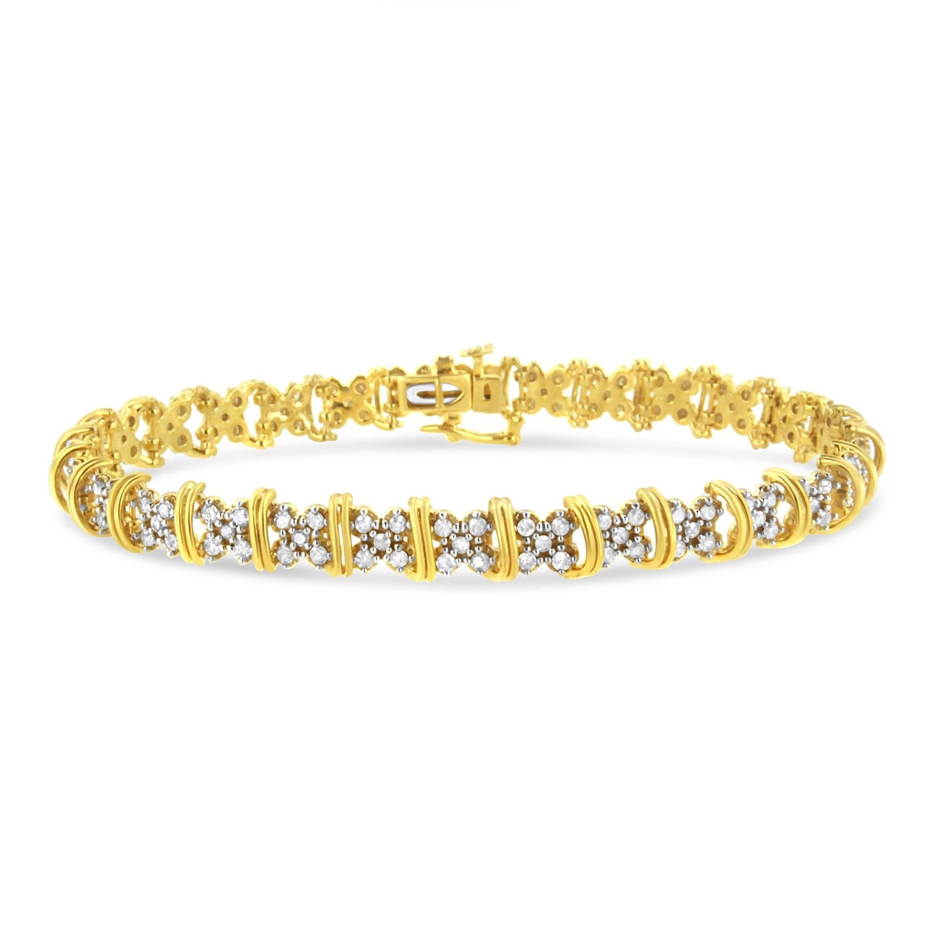10K Yellow Gold Plated .925 Sterling Silver 2.0 Cttw Round Diamond Cluster 'X' Shaped Link Bracelet (H-I Color, I3 Clarity) - 7'